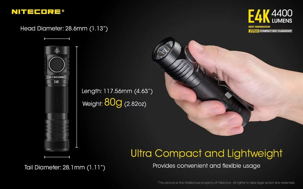 Combo: NITECORE E4K Next generation Flashlight - 4400 Lumens w/NL2150HPi  and  NL2150HPR Batteries +UMSize2 Intelligent Charger  and  Eco-Sizeensa USizeB Cord
