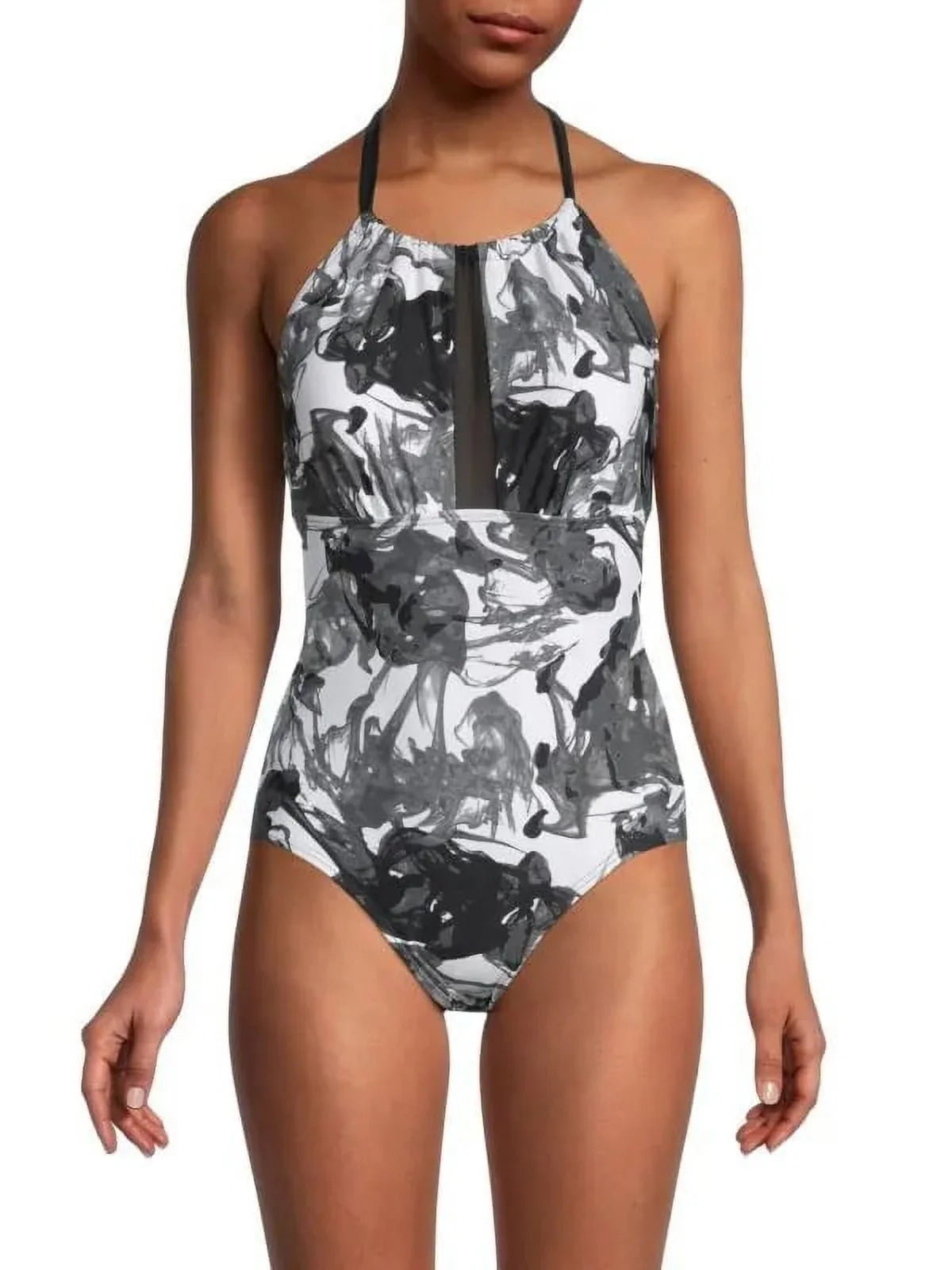 Calvin Klein BLACK MULTI Abstract Halterneck One-Piece Sizewimsuit, USize 14