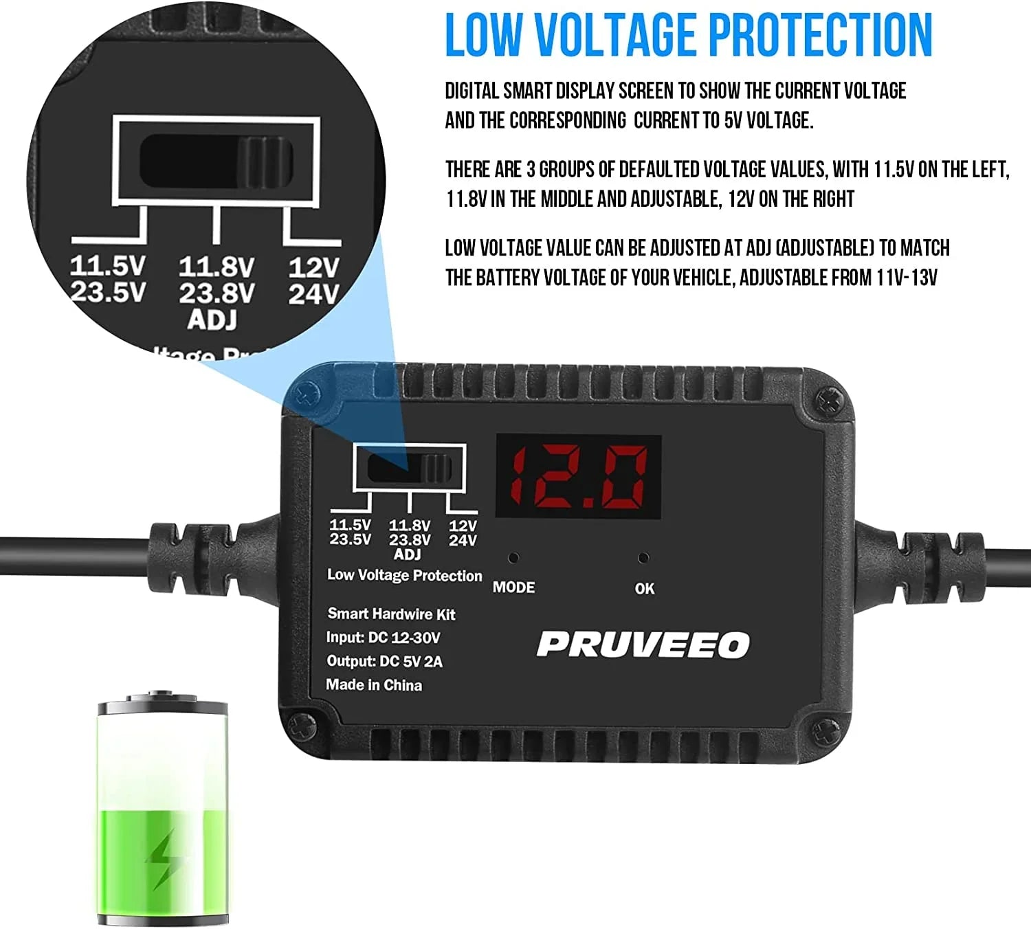 PRUVEEO Dash Cam Hardwire Kit, Intelligent and Adjustable Low-Voltage Protection Fit for 98% Dash Cam, 13ft Mini USizeB