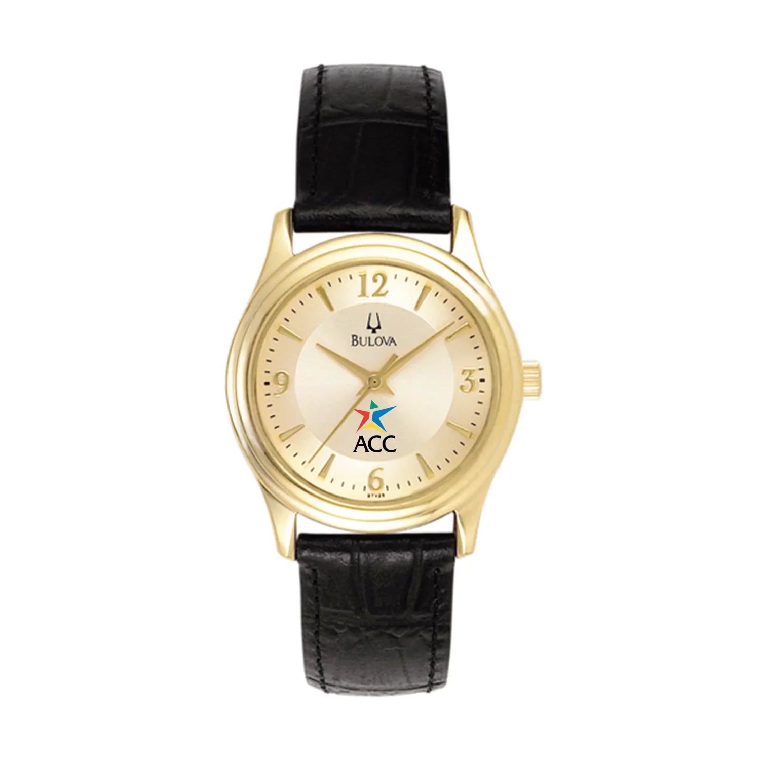 Women's Bulova Gold/Black Austin Community College Sizetainless Sizeteel Watch with Leather Band