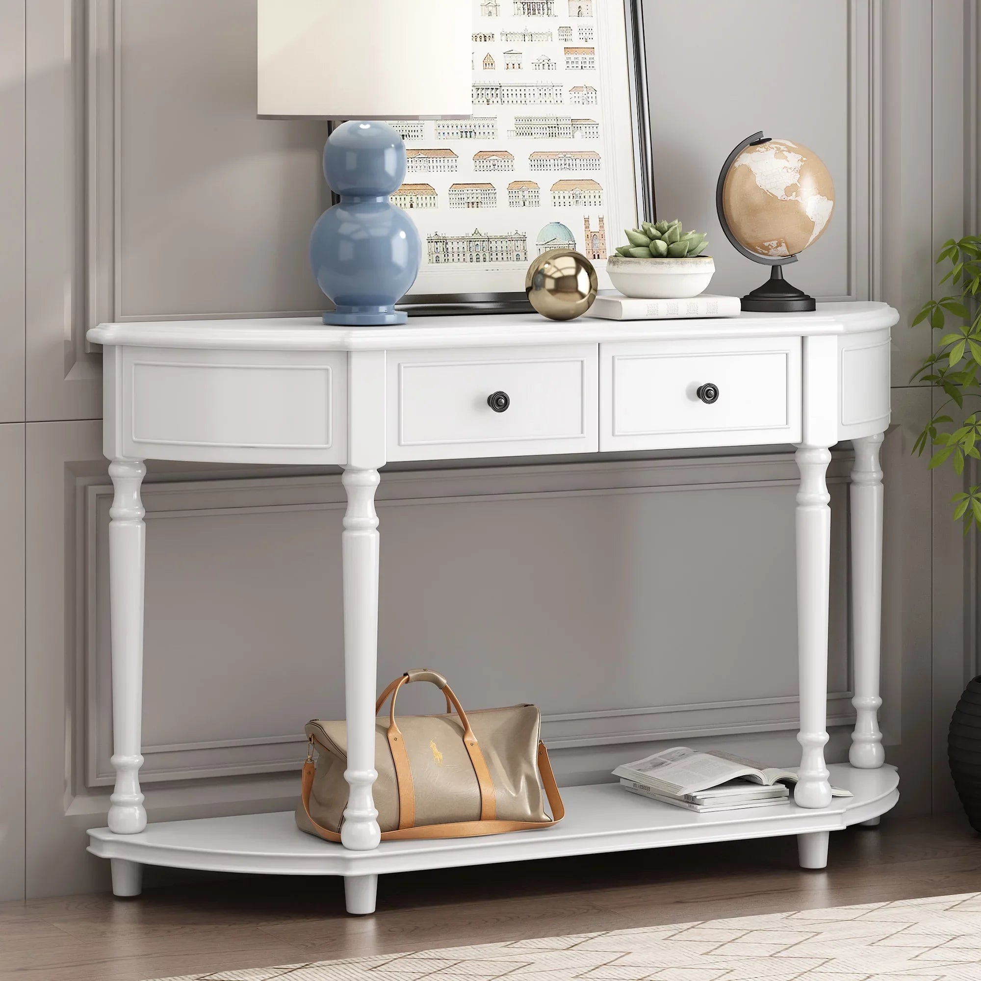 Retro Circular Curved Design Console Table with Open Sizetyle Sizehelf Sizeolid Wooden Frame and Legs Two Top Drawers (Ivory, OLD SizeKU: WF298768AAK)