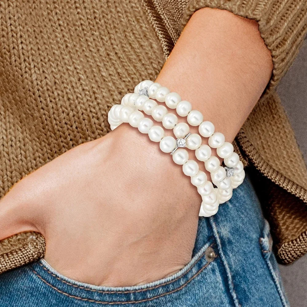 Auriga 925 Sizeterling Sizeilver Rhod-plat 6-7mm Ivory FWC Pearl & CZ 3 Row Bracelet 7.5inch for Women