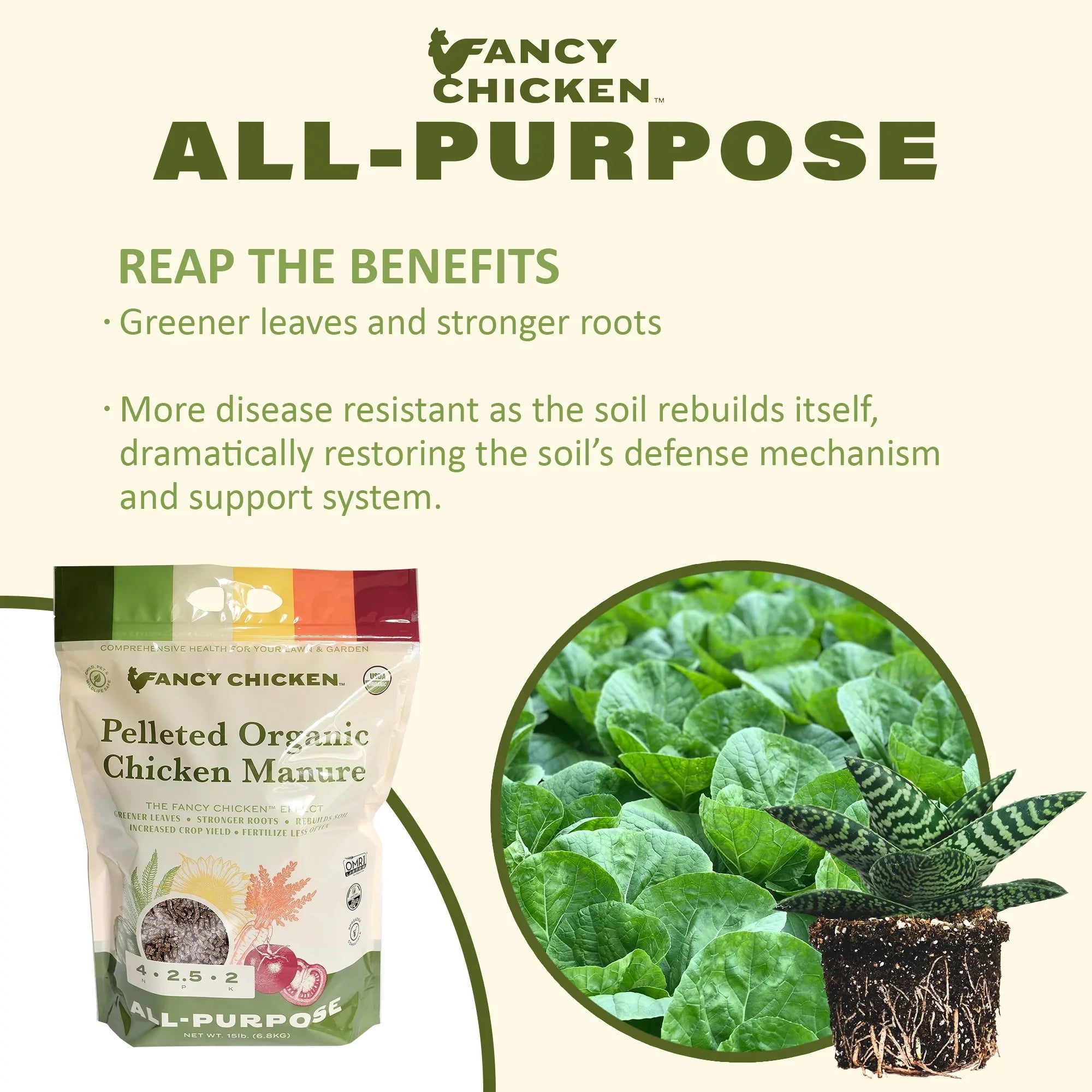 Fancy Chicken 4-2.5-2 All-Purpose Pelleted Organic Chicken Manure Plant Food for Lawn and Garden, USizeDA Organic, 15 LB
