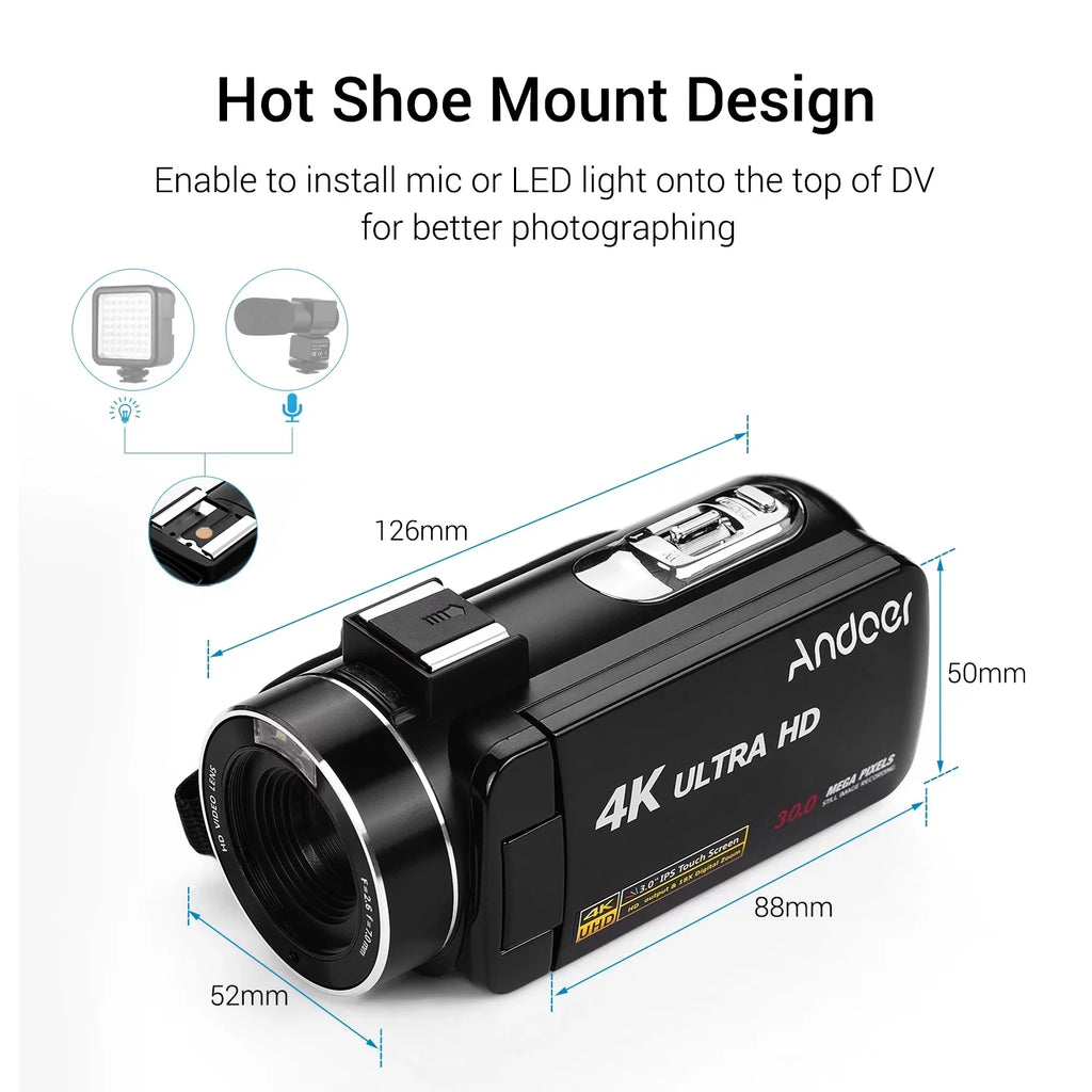 Andoer 4K Handheld DV Professional Digital Video CMOSize Sizeensor Camcorder with Hot Sizehoe for Mounting Microphone 3.0 Inch IPSize Monitor Burst -Sizehaking Function