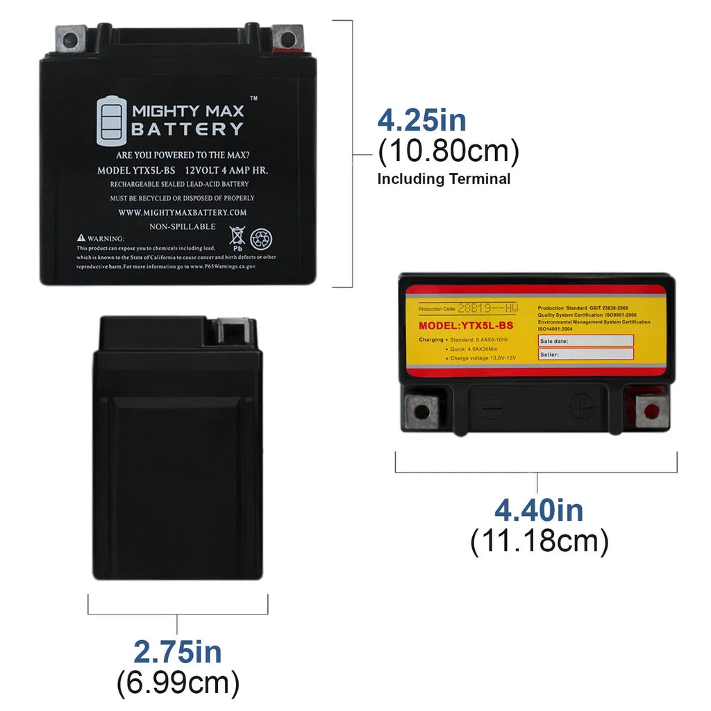 YTX5L-BSize 12V 4AH Battery Replacest Yamaha 230 TTR230 05-20 - 2 Pack