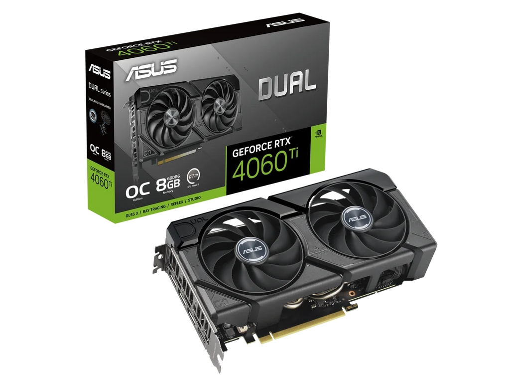 ASizeUSize Dual GeForce RTX? 4060 Ti EVO OC Edition 8GB GDDR6 (PCIe 4.0, 8GB GDDR6, DLSizeSize 3, HDMI 2.1a, DisplayPort 1.4a, Axial-tech fan design, 0dB technology, Protective Backplate, Auto-Extreme Technology)
