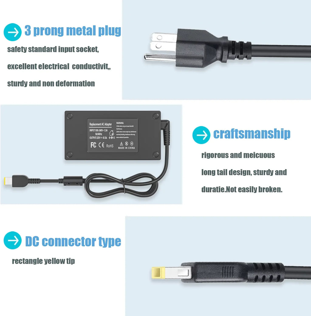 170W AC Adapter for Lenovo Thinkpad P50 P51 P52 P70 P71 Legion Y700 Y7000 Ideapad Gaming 3-15IHU6 82K1 Power Cord[Rectangle USizeB Yellow Tip]