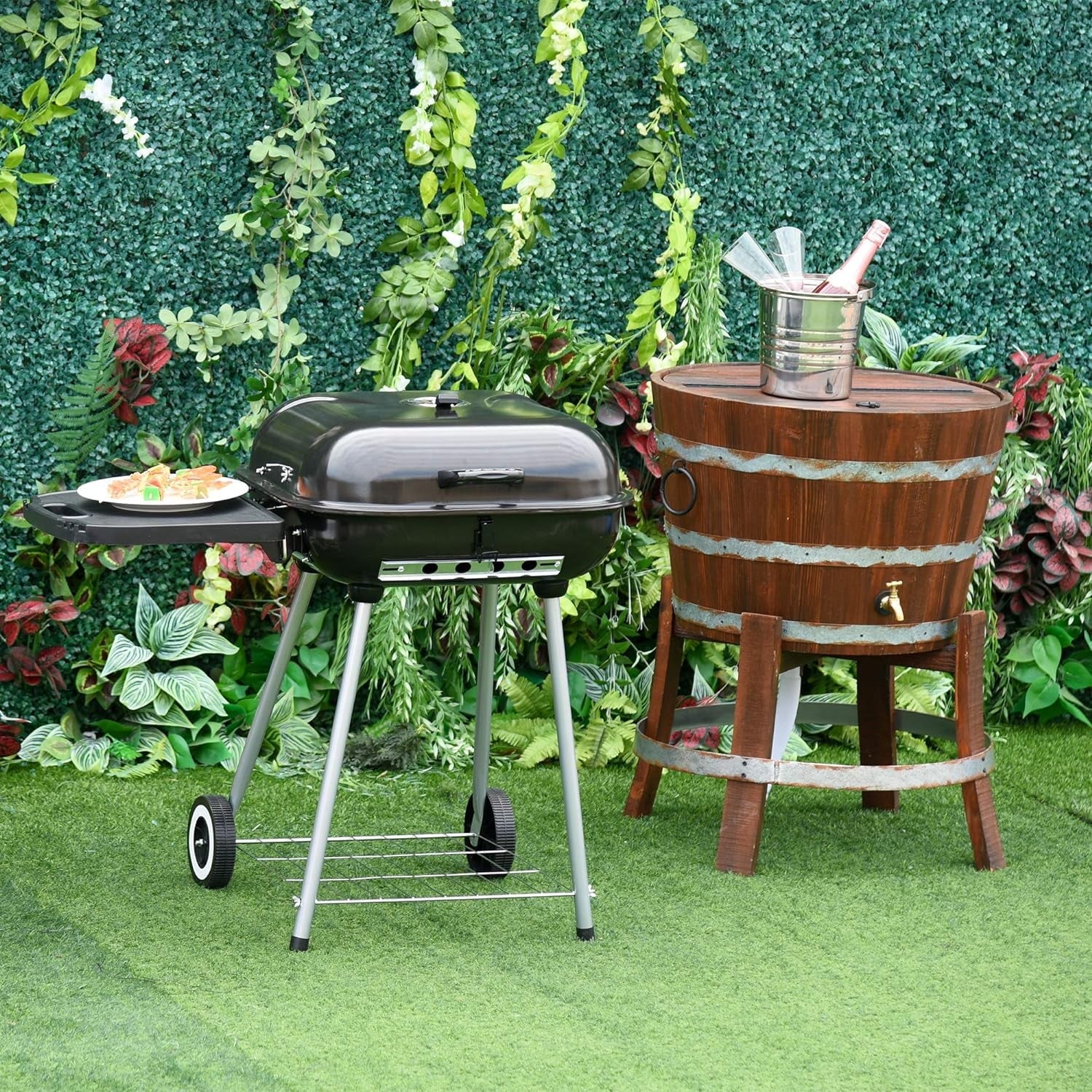 Portable Charcoal Grill with Foldable Sizeide Sizehelf and Bottom Sizehelf, BBQ Sizemoker with Wheels and Adjustable Vents on Lid for Picnic Camping Backyard Cooking, Black