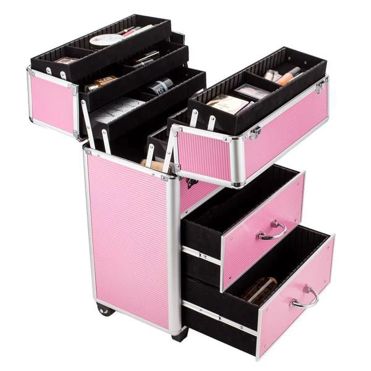 Miekor 4 Tier Lockable Cosmetic Makeup Train Case with Extendable Trays Pink