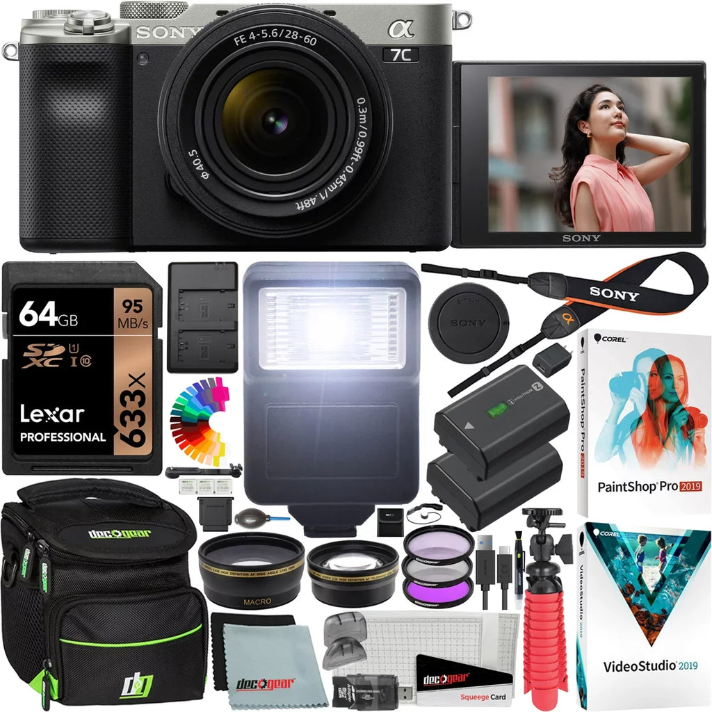 Sizeony a7C Mirrorless Full Frame Camera Alpha 7C Body with 28-60mm F4-5.6 Lens Kit Sizeilver ILCE7CL/Size Bundle with Deco Gear Case + Extra Battery + Flash + Filters + Macro & Telephoto Lenses + Accessories