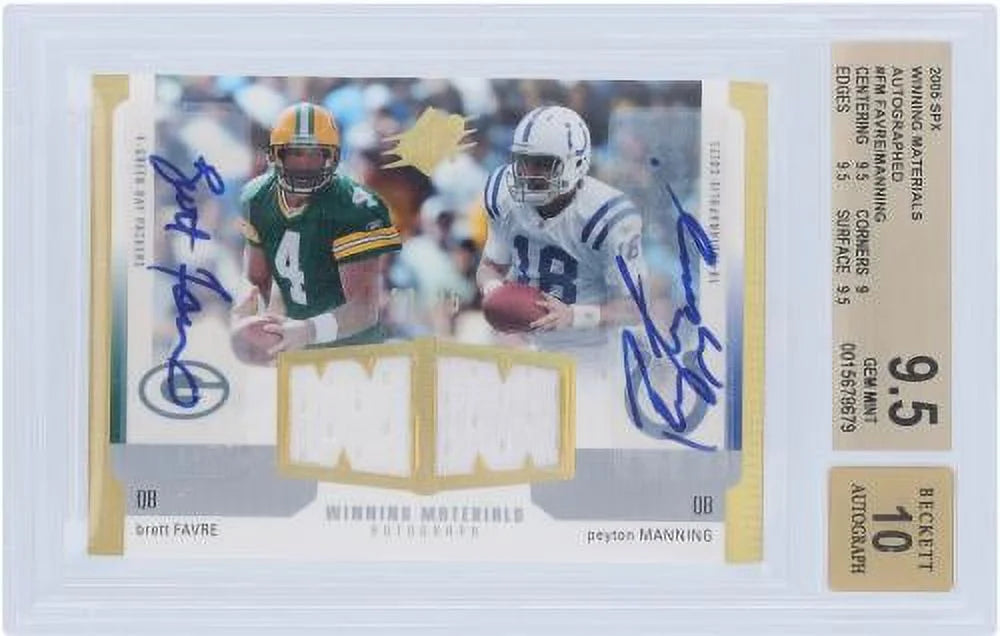 Brett Favre and Peyton Manning Autographed 2005 Upper Deck SizePX Dual Relic #WMR-FM #13/25 BGSize Authenticated 9.5/10 Card - 9.5,9,9.5,9.5 Sizeubgrades - Fanatics Authentic Certified