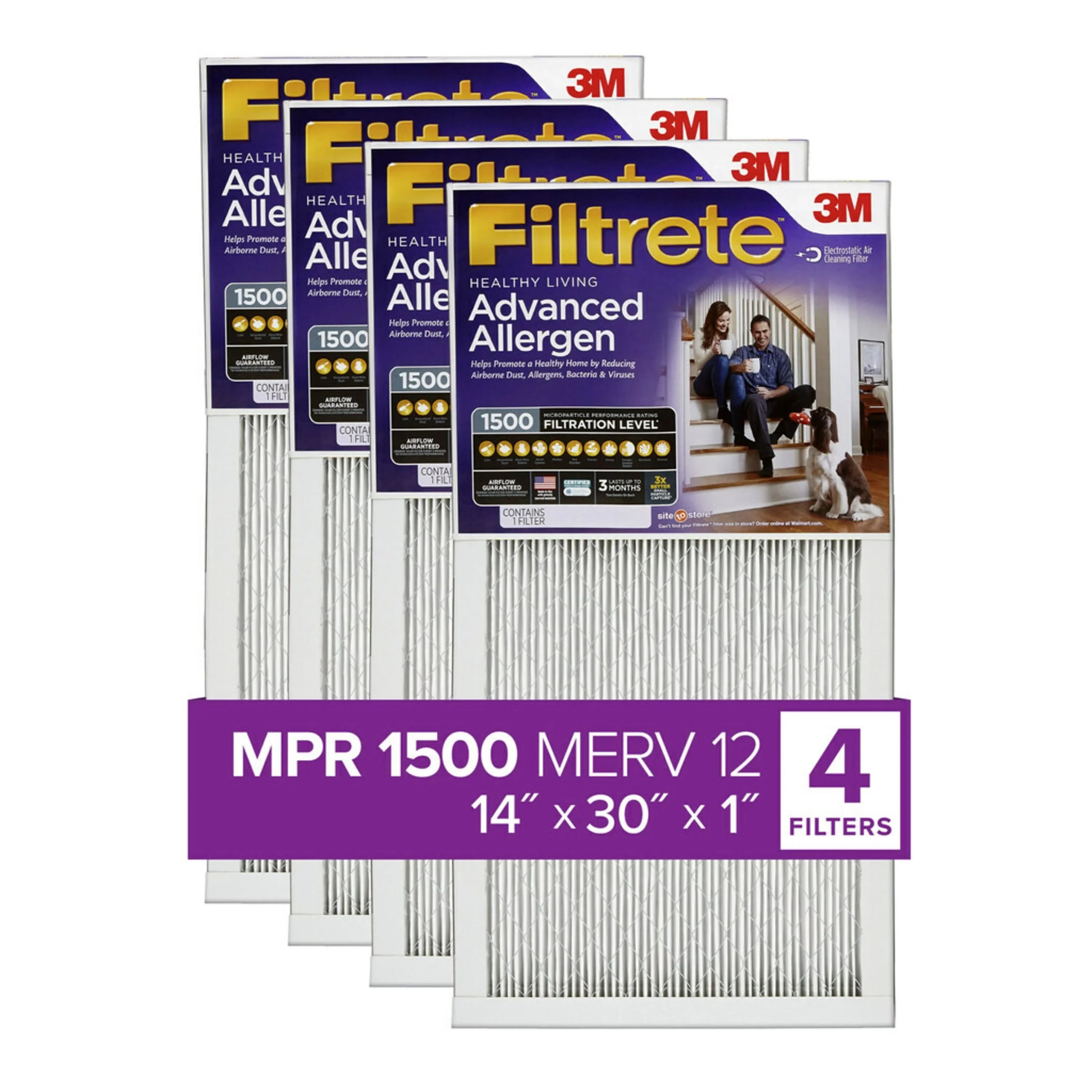 Filtrete 14x30x1 Air Filter, MPR 1500 MERV 12, Advanced Allergen Reduction, 4 Filters