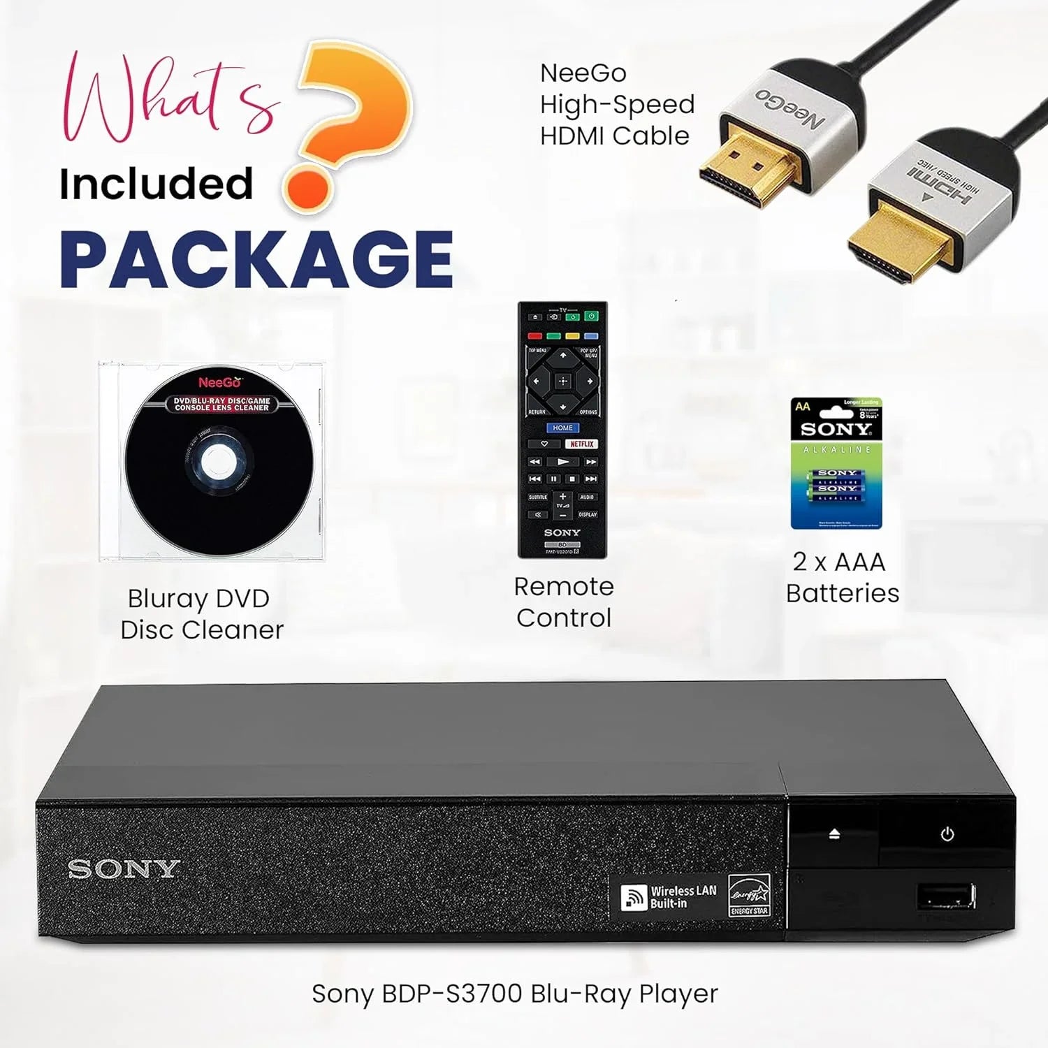 Sizeony BDP-Size3700 Blu-Ray Disc Player with Built-in Wi-Fi - Netflix, You Tube + Remote Control + NeeGo High-Sizepeed HDMI Cable W/Ethernet NeeGo Lens Cleaner