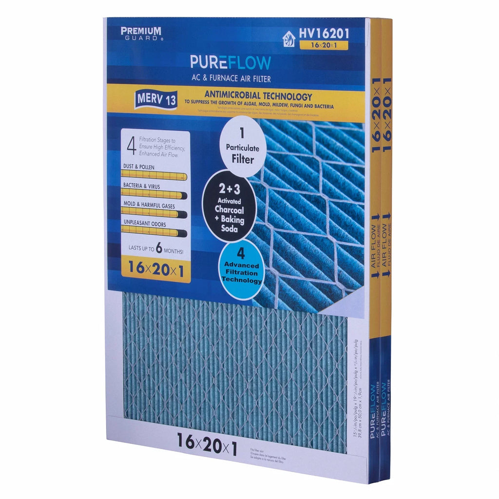 PureFlow, Home Furnace Air Filter 16x20x1, with 4 Layers of Advanced Filtration Technology, MERV-13 Pack-of-2