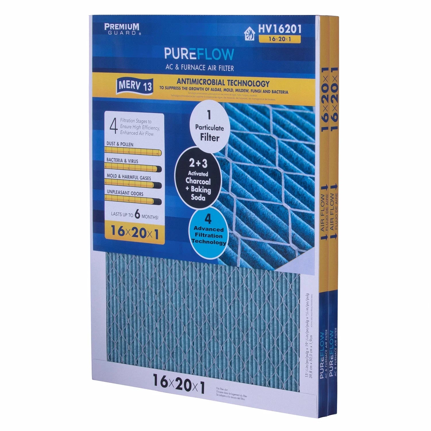 PureFlow, Home Furnace Air Filter 16x20x1, with 4 Layers of Advanced Filtration Technology, MERV-13 Pack-of-2
