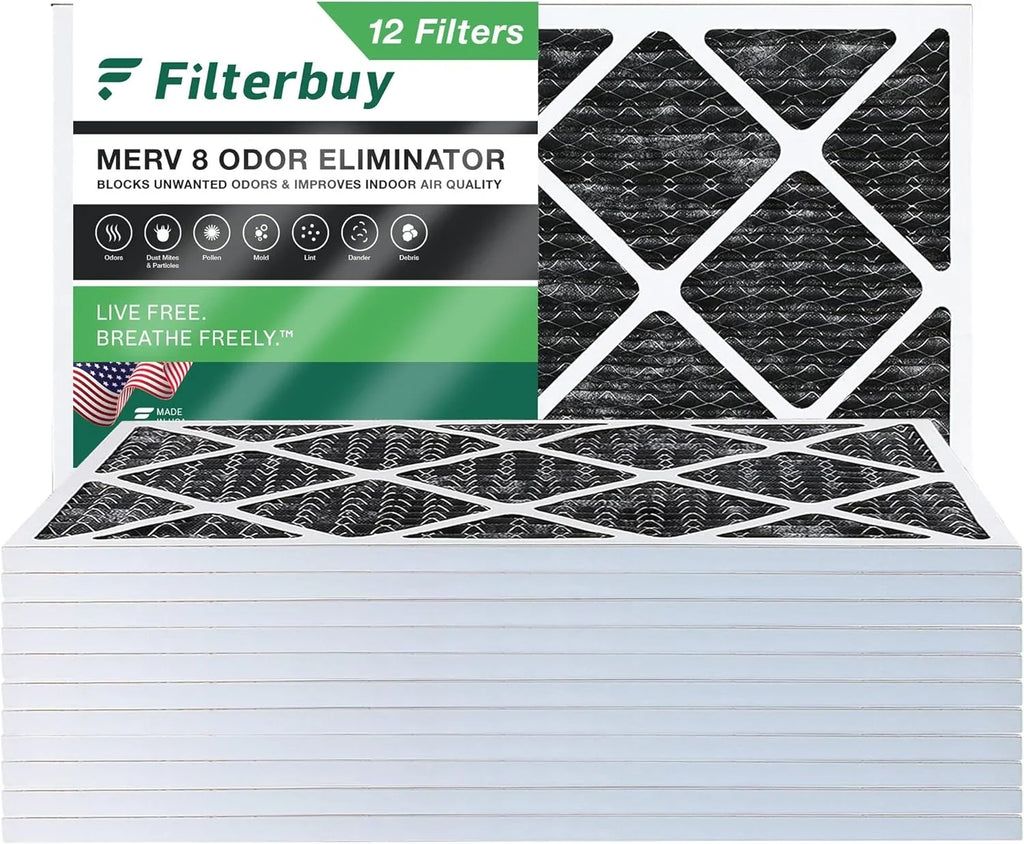 Filterbuy 12x25x1 MERV 8 Odor Eliminator Pleated HVAC AC Furnace Air Filters with Activated Carbon (12-Pack)
