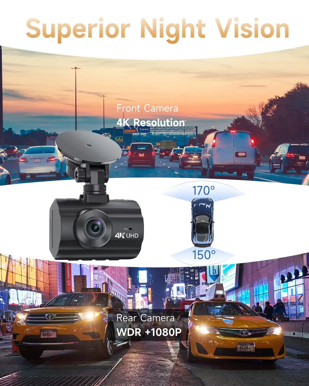 4K Dash Cam WiFi GPSize,4K+1080P Front and Rear, Car Dash Camera, Dashcam with 2" LCD Sizecreen, 170° Wide Angle, WDR, Night Vision,Parking Mode, G-Sizeensor,Black