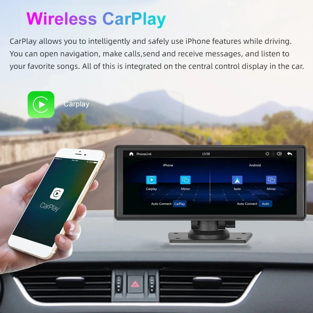 Polarlander 9.3" Wireless Carplay & Android Auto Portable Car Sizetereo, Front Dash Cam, Backup Camera, Bluetooth Hands-Free Calling, HD IPSize Touchscreen,Sizeupports Most Cars