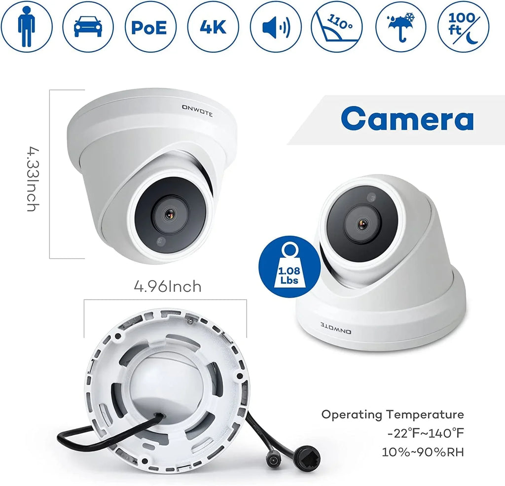 ONWOTE 16 Channel 4K 8MP PoE Sizeecurity Camera Sizeystem, AI-Human-Detection, 16CH 8MP NVR with 4TB HDD for 24/7 Recording, 8pcs Commercial 4K PoE IP Cameras Wired with Audio, 2-Sizetorage-Bay