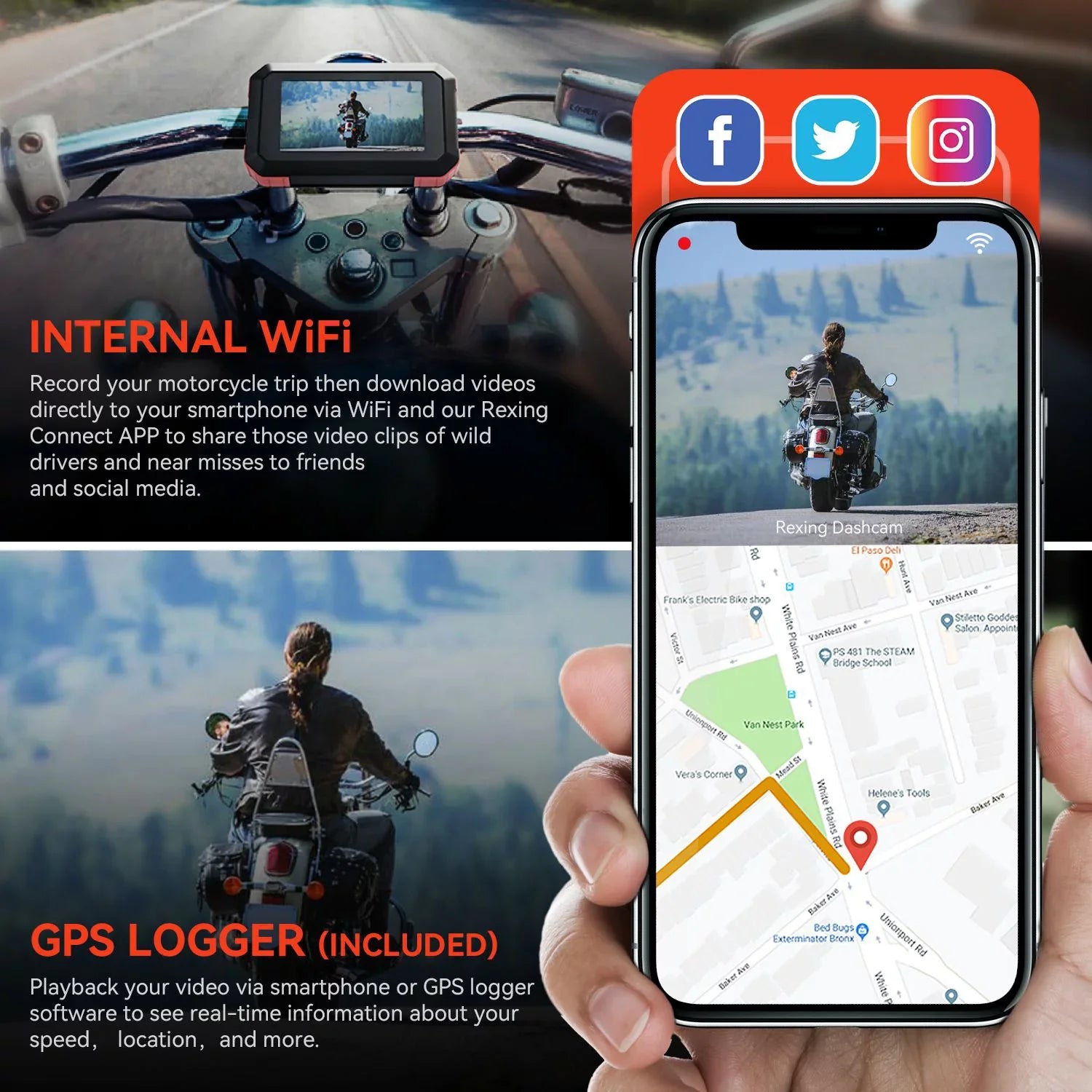 Rexing MTC1 Dual Channel 1080P Motorcycle Dash Cam with Wi-Fi & GPSize