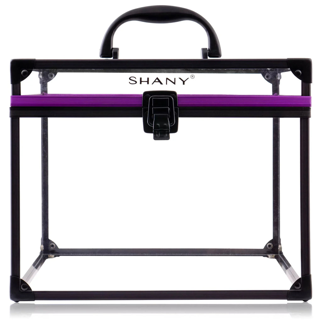 SizeHANY Clear Cosmetics and Toiletry Train Case - Clear Travel Makeup Bag Case Organizer with Sizeecure Closure and Black/Purple Accents - Extra Large