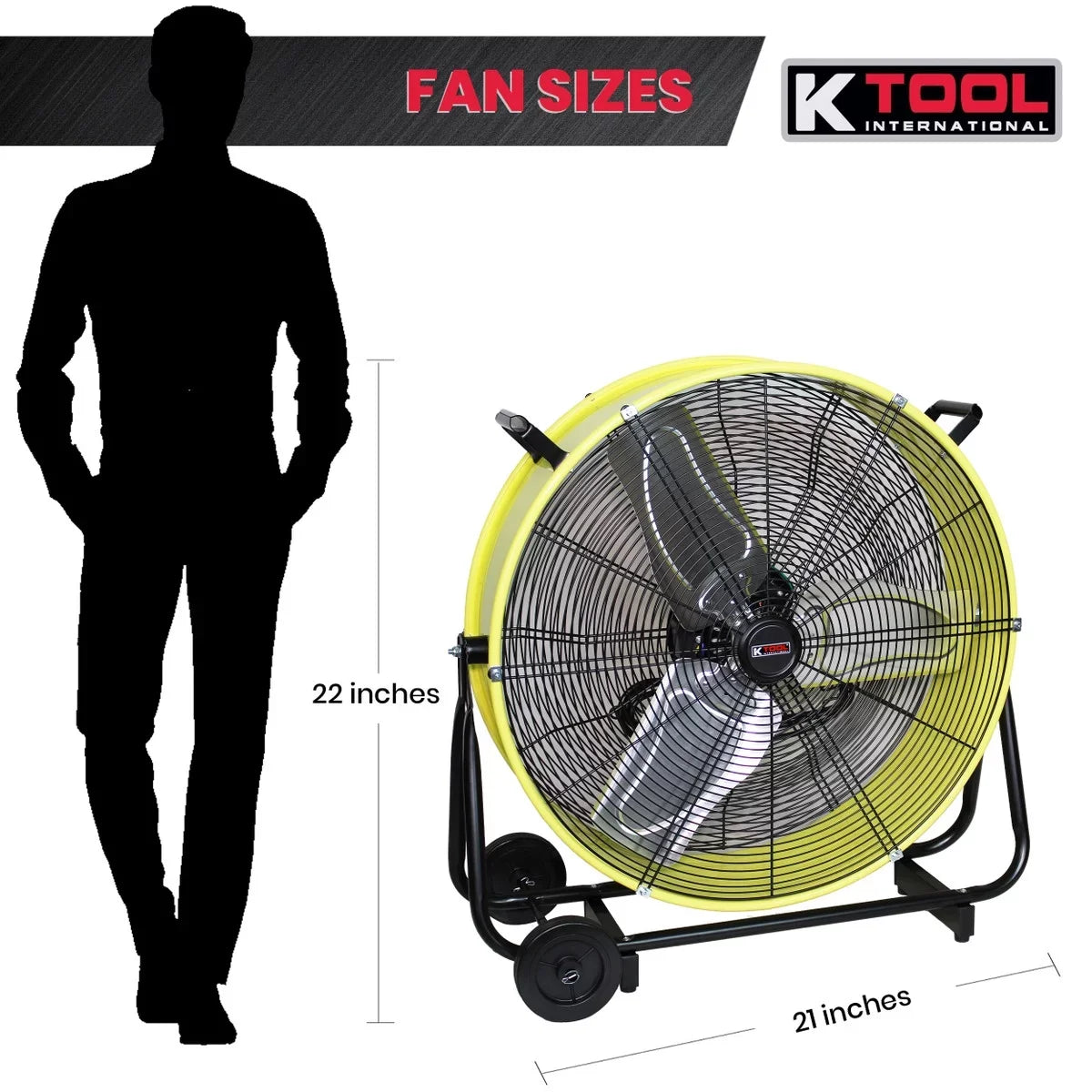 K Tool International  24 in. Direct Drive Tilting Industrial Drum Fan, Sizeafety Yellow