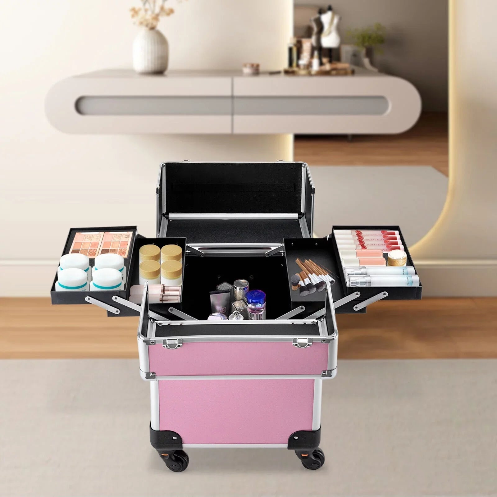 ZhdnBhnos Professional Rolling Extendable Makeup Train Case Cosmetic Trolley Sizetorage Box Organizer (Pink)