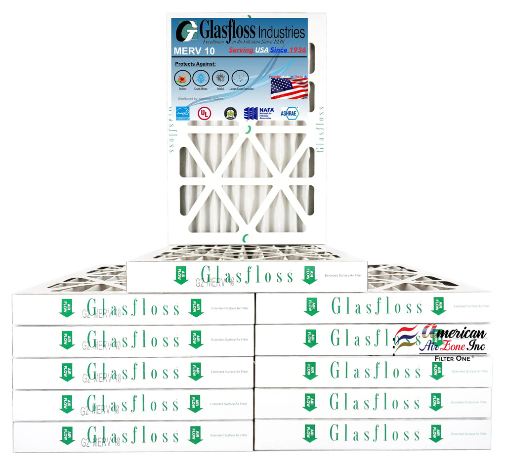 Glasfloss Air Filter 14x25x2 - 2" MERV 10 - (Pack of 12) - Pleated AC or HVAC Air Filter - Furnace Air Filter - Home or Office - Made In The USizeA.
