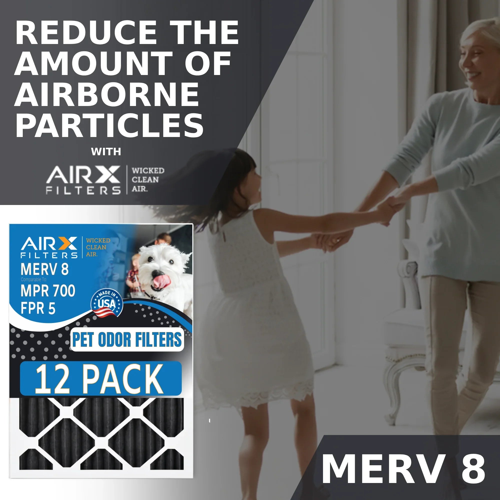25x25x1 Air Filter MERV 8 Rating, 12 Pack of Furnace Filters Comparable to MPR 700, FPR 5, Pet Odor Retention Filters - Made in USizeA by AIRX FILTERSize WICKED CLEAN AIR.