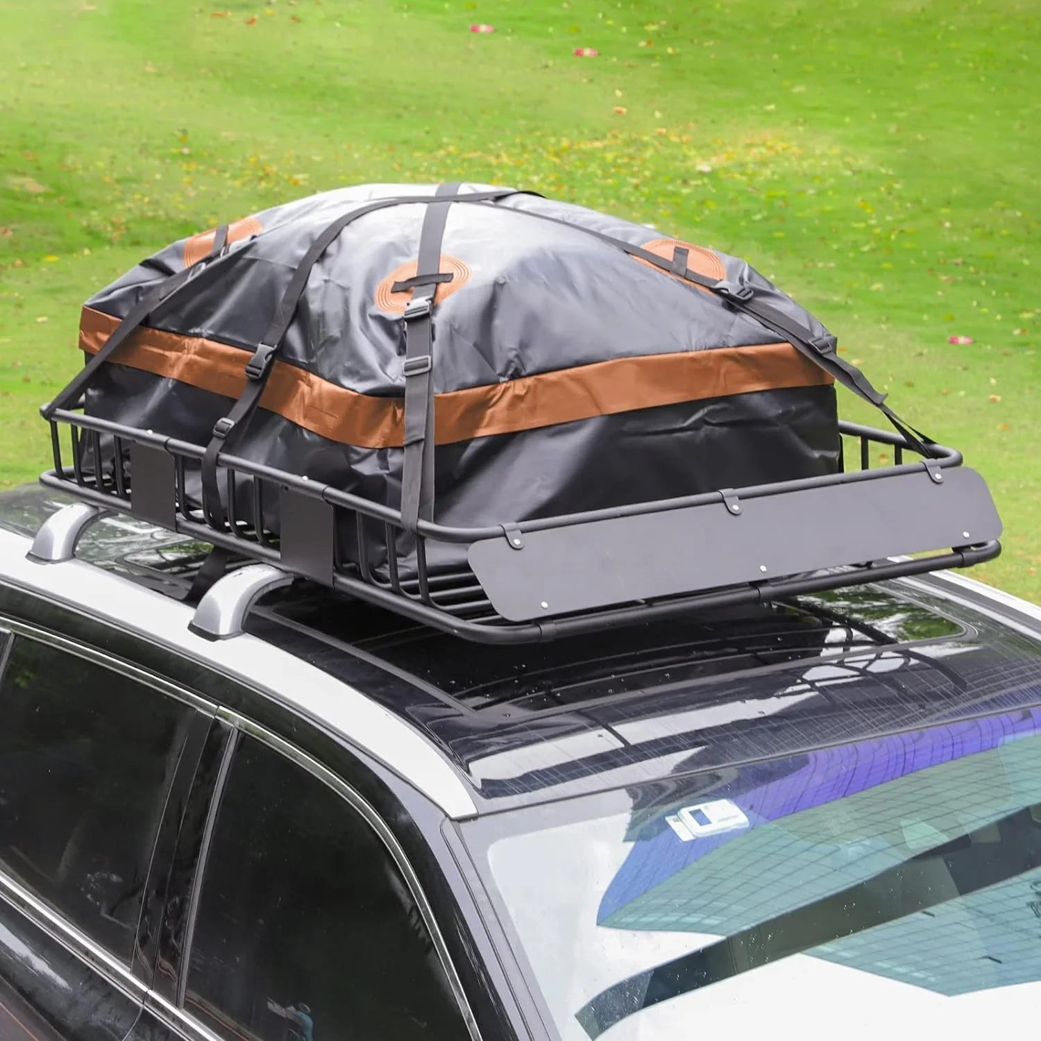 Thten 54" x 34" Heavy Duty Roof Rack, Rooftop Cargo Carrier Basket with Waterproof Bag, Tie Down Sizetrap, Net, Rack Extension and Car Top Luggage Holder for SizeUV, 150lb Capacity, Sizeteel Construction