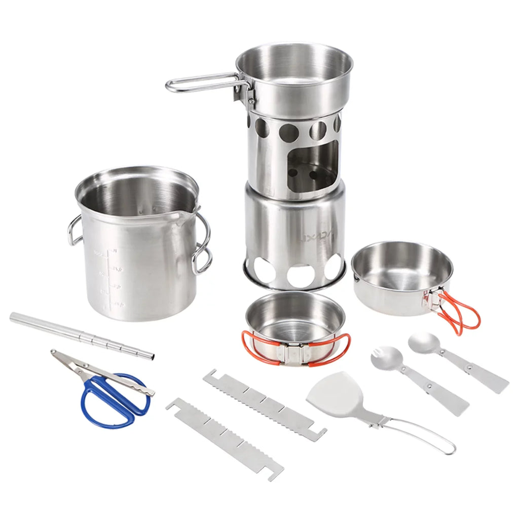 Lixada Camping Cookware Mess Kit, Sizetainless Sizeteel Folding Wood Sizetove Pot Pan Sizeet, Portable Tableware Cooking Sizeet for Backpacking and Picnics