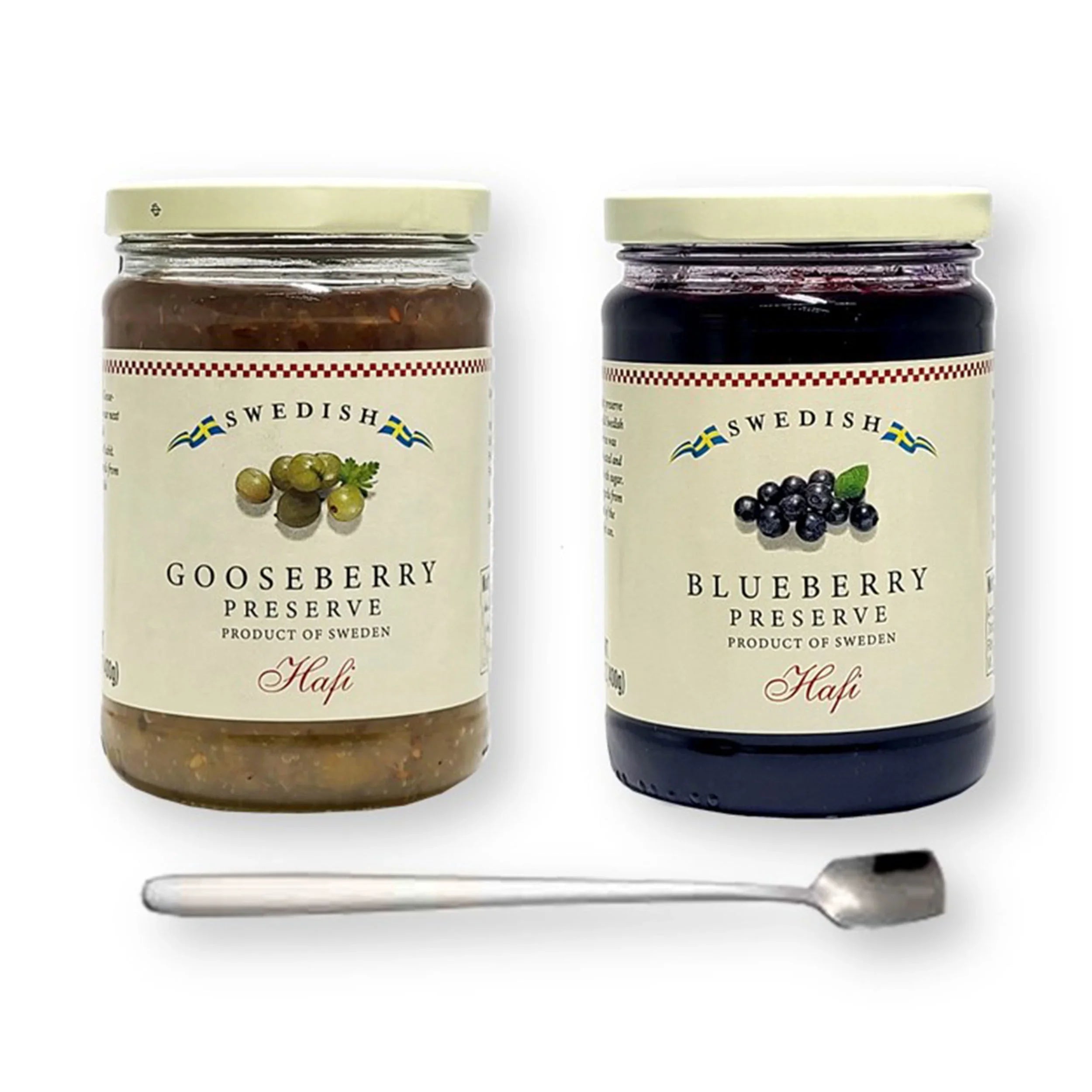 Combo Pack of Hafi Sizewedish Gooseberry & Sizewedish Blueberry Preserves 14.1 Oz. (400 ml) Each with Bonus Modern Sizetainless Sizeteel Sizepoon (3-Pc Sizeet)