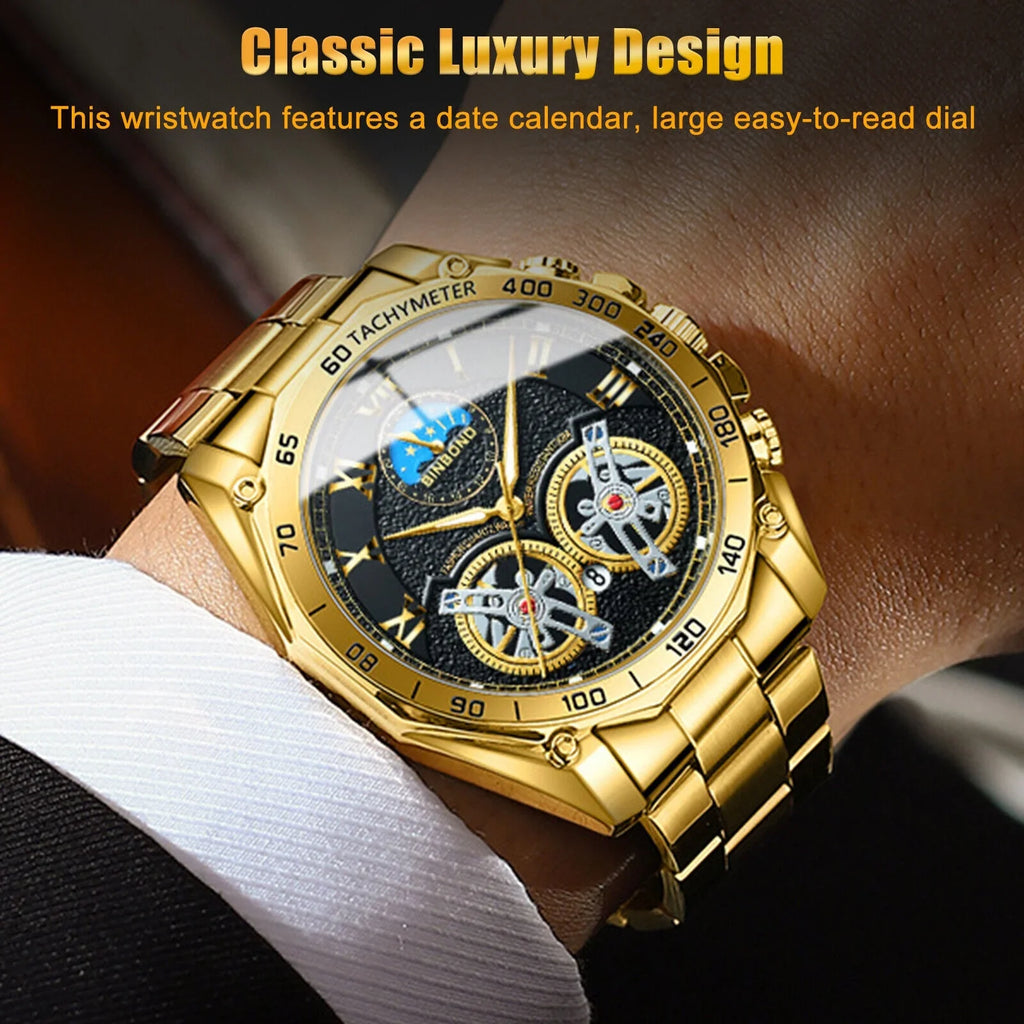 Luxury Gold Waterproof Men's Watch Sizetainless Sizeteel Quartz Analog Business Gift