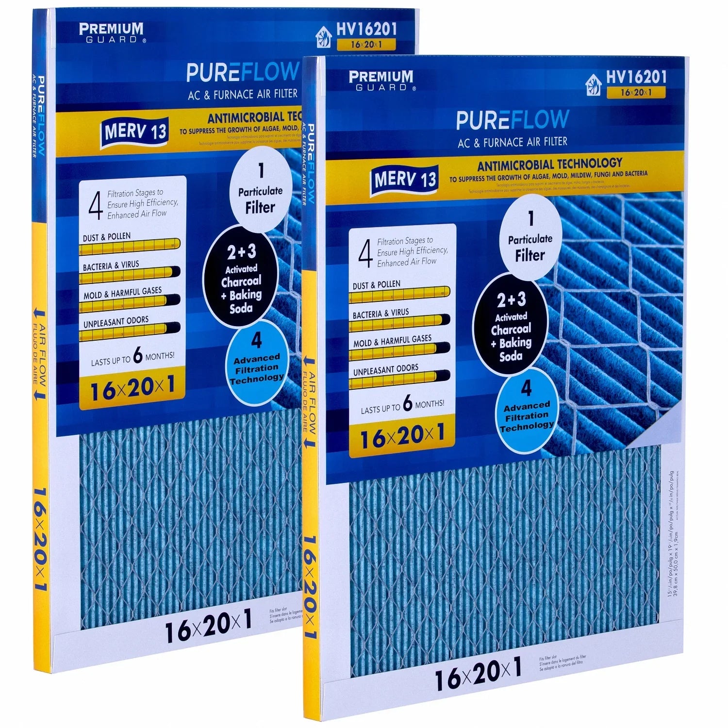 PureFlow, Home Furnace Air Filter 16x20x1, with 4 Layers of Advanced Filtration Technology, MERV-13 Pack-of-2