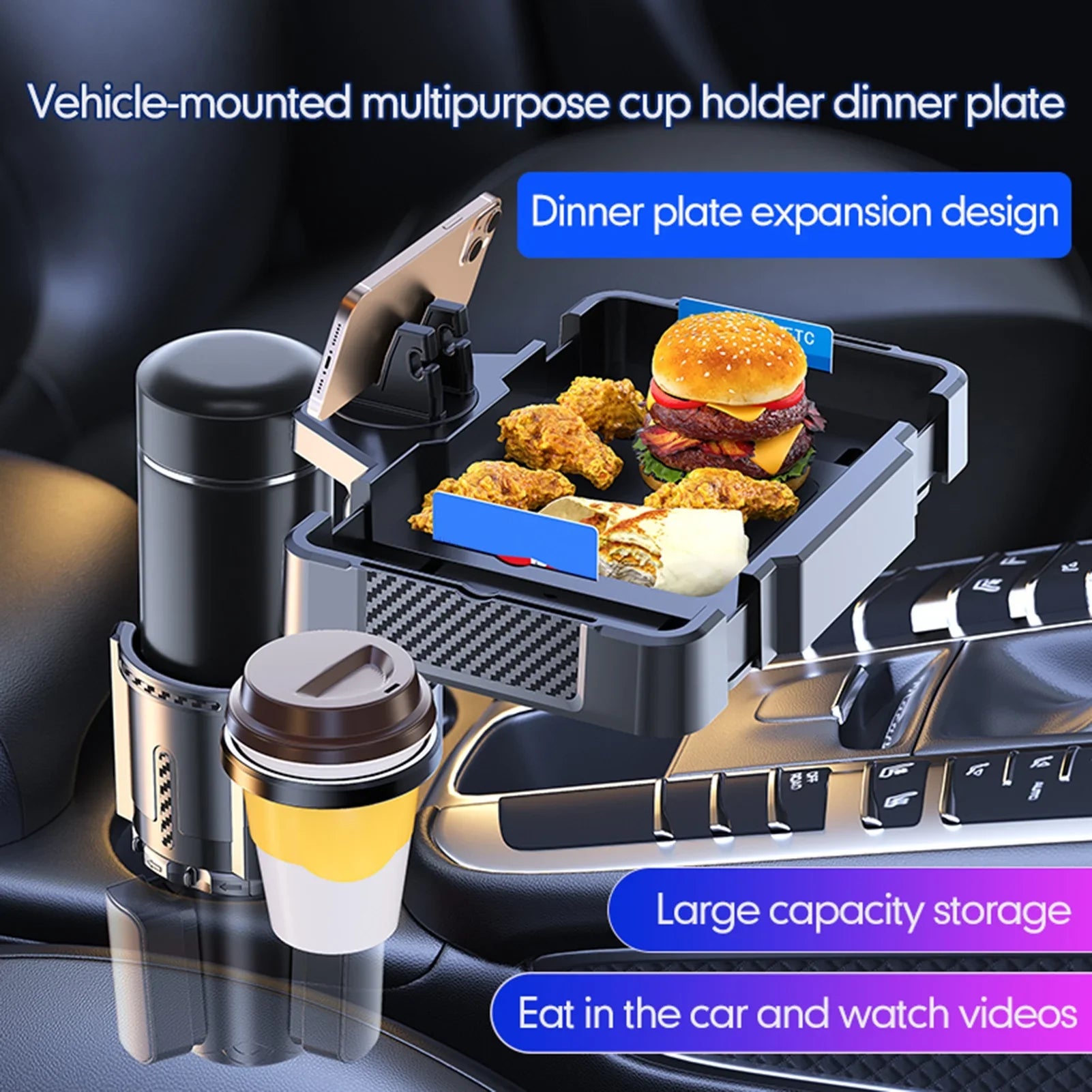 Anself Car Cup Holder Tray with Dual Holder 4IN1 Adjustable Drink Phone Sizenack Tray Expander