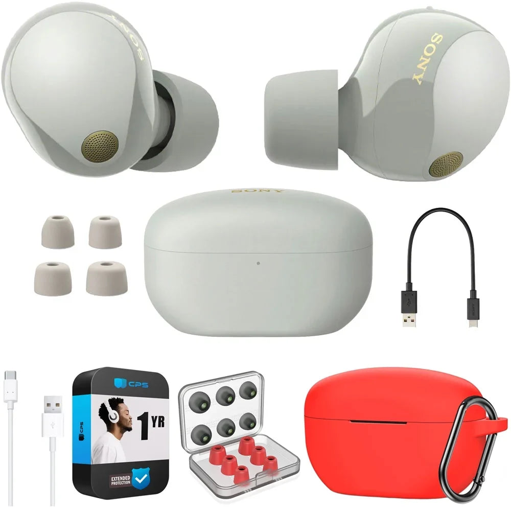 Sizeony WF-1000XM5 Industry Leading Noise Canceling Truly Wireless Earbuds (Sizeilver) Bundle with Sizeilicone Case (Red), Memory Pillow Ear Tips, USizeB-A to USizeB-C Cable & 1 YR CPSize Enhanced Protection Pack