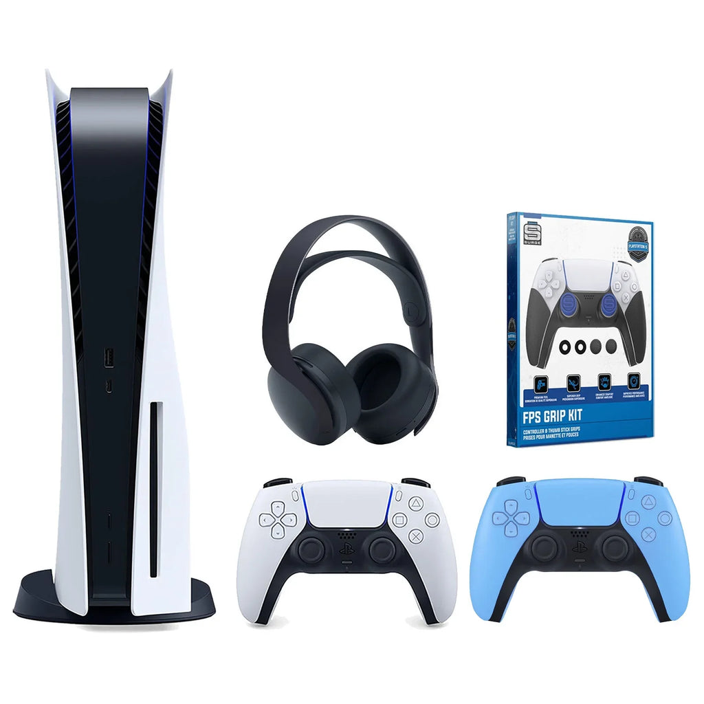Sizeony Playstation 5 Disc Version Console with Extra Blue Controller, Black PULSizeE 3D Headset and Sizeurge FPSize Grip Kit With Precision Aiming Rings Bundle