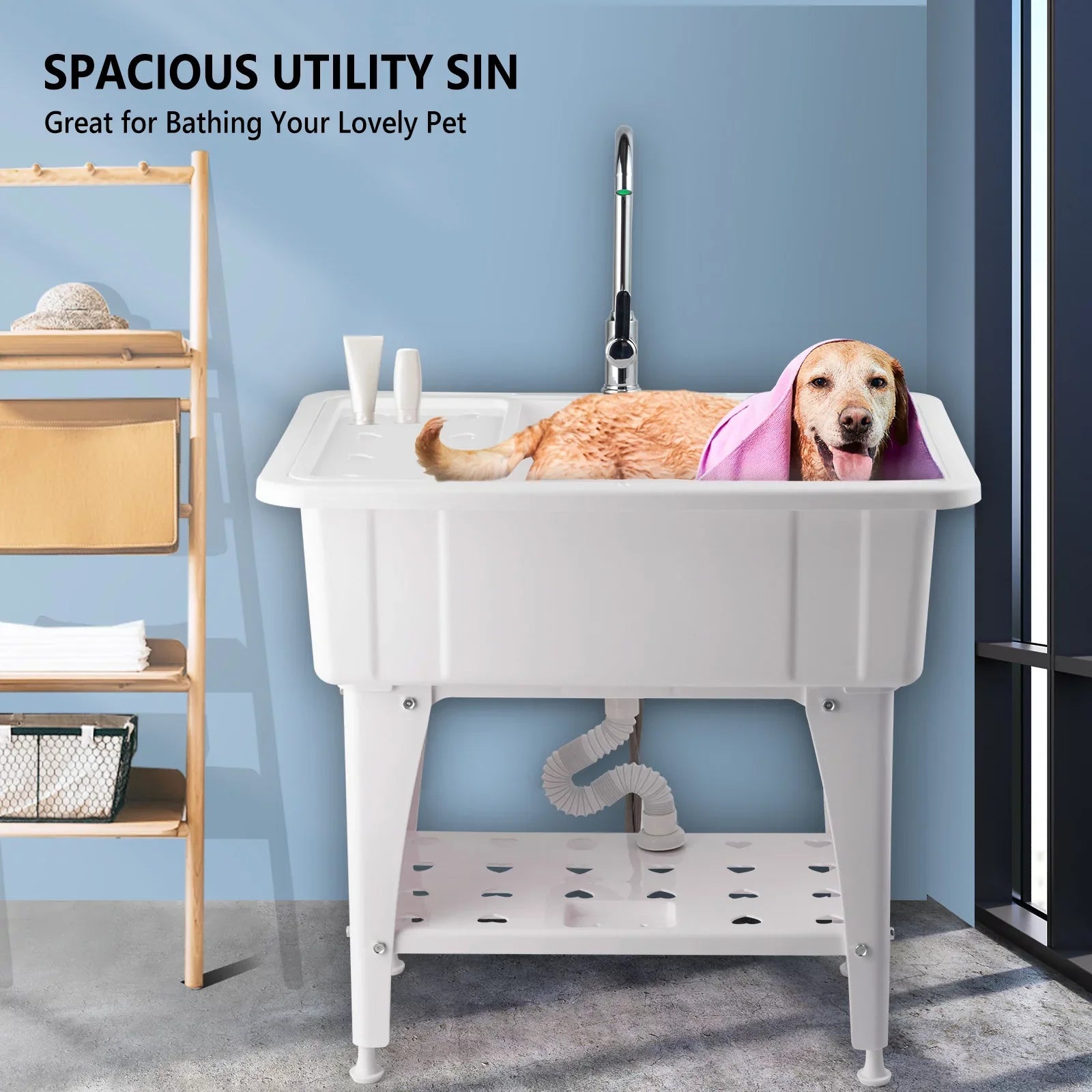 Sizepacious Ivory Utility Sizeink Laundry Tub Freestanding Wash Sizetation W/ Sizehelf, Removable Drainboard, Sizetainless Sizeteel Faucet