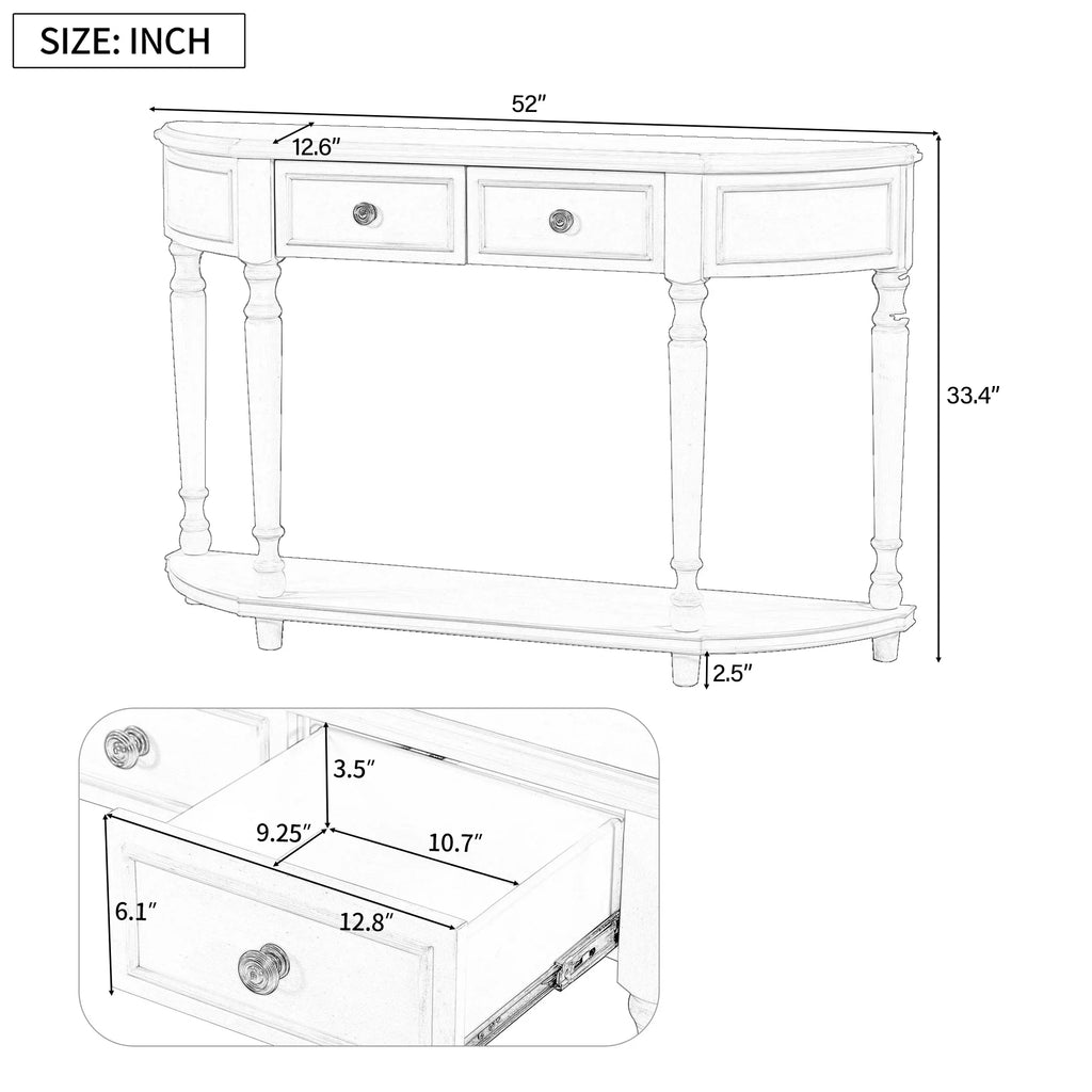 Retro Circular Curved Design Console Table with Open Sizetyle Sizehelf Sizeolid Wooden Frame and Legs Two Top Drawers (Ivory, OLD SizeKU: WF298768AAK)