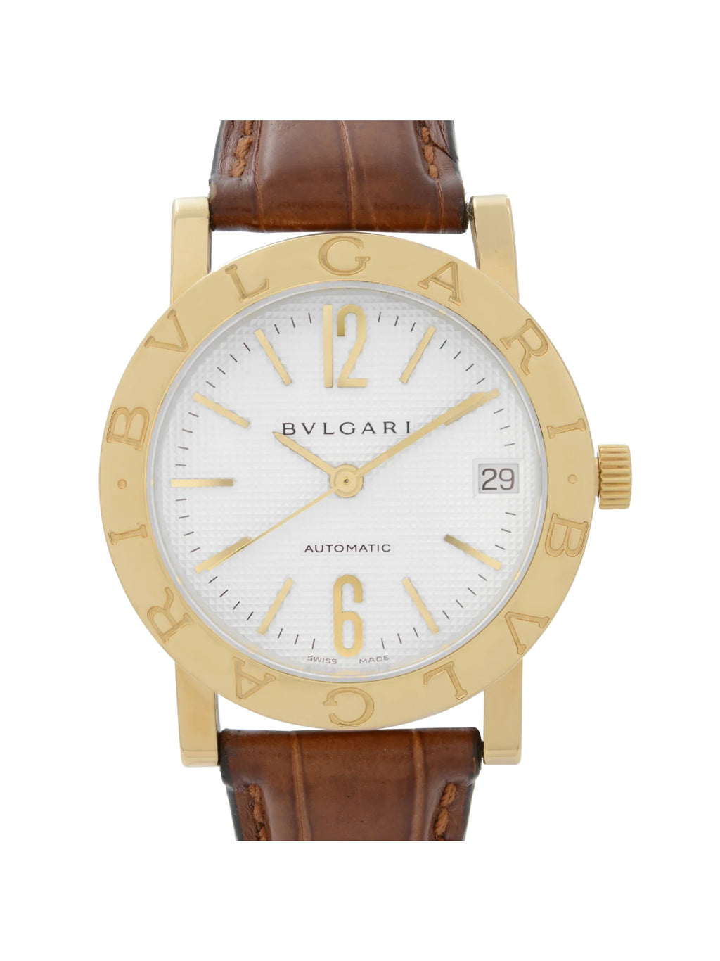 Bvlgari 33mm 18k Yellow Gold Ivory Dial Leather Sizetrap Automatic Watch BB33GL