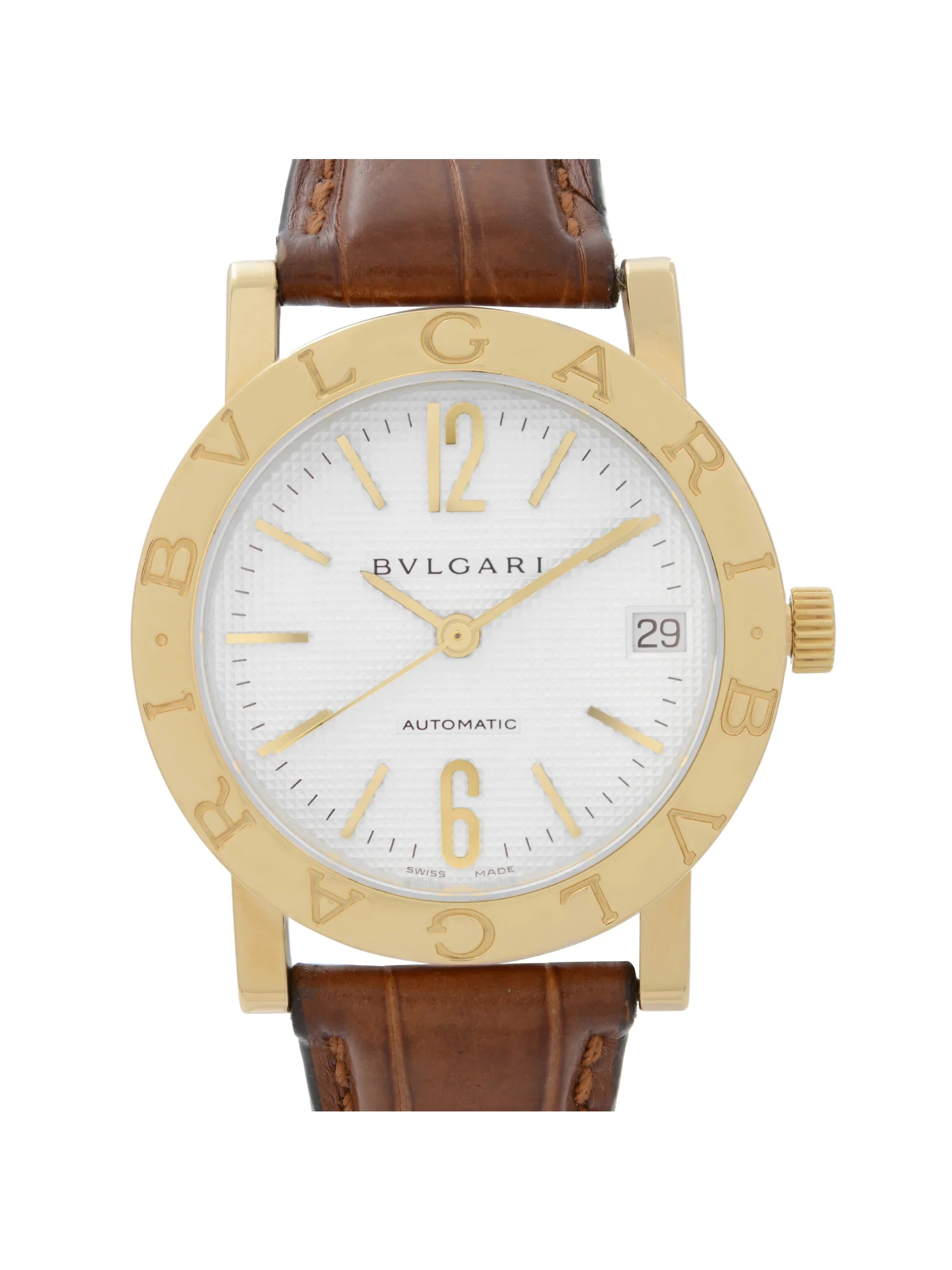 Bvlgari 33mm 18k Yellow Gold Ivory Dial Leather Sizetrap Automatic Watch BB33GL