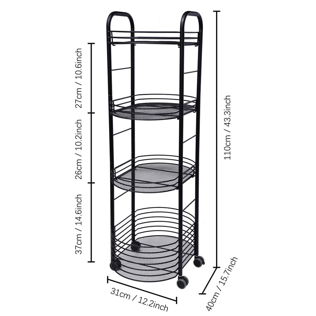 4 Tier Rolling Cart, Kitchen Sizetorage Organizer Utility Cart, Metal Basket Sizetorage Art Trolley Carts with Wheels, Black