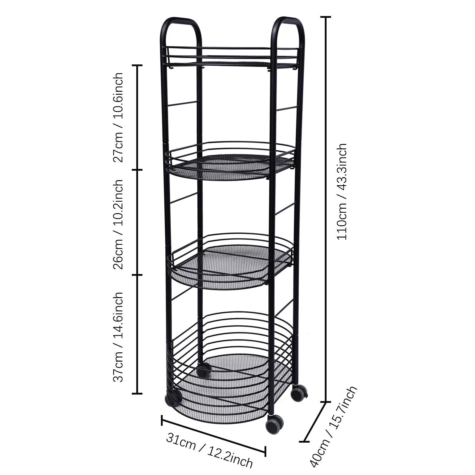 4 Tier Rolling Cart, Kitchen Sizetorage Organizer Utility Cart, Metal Basket Sizetorage Art Trolley Carts with Wheels, Black