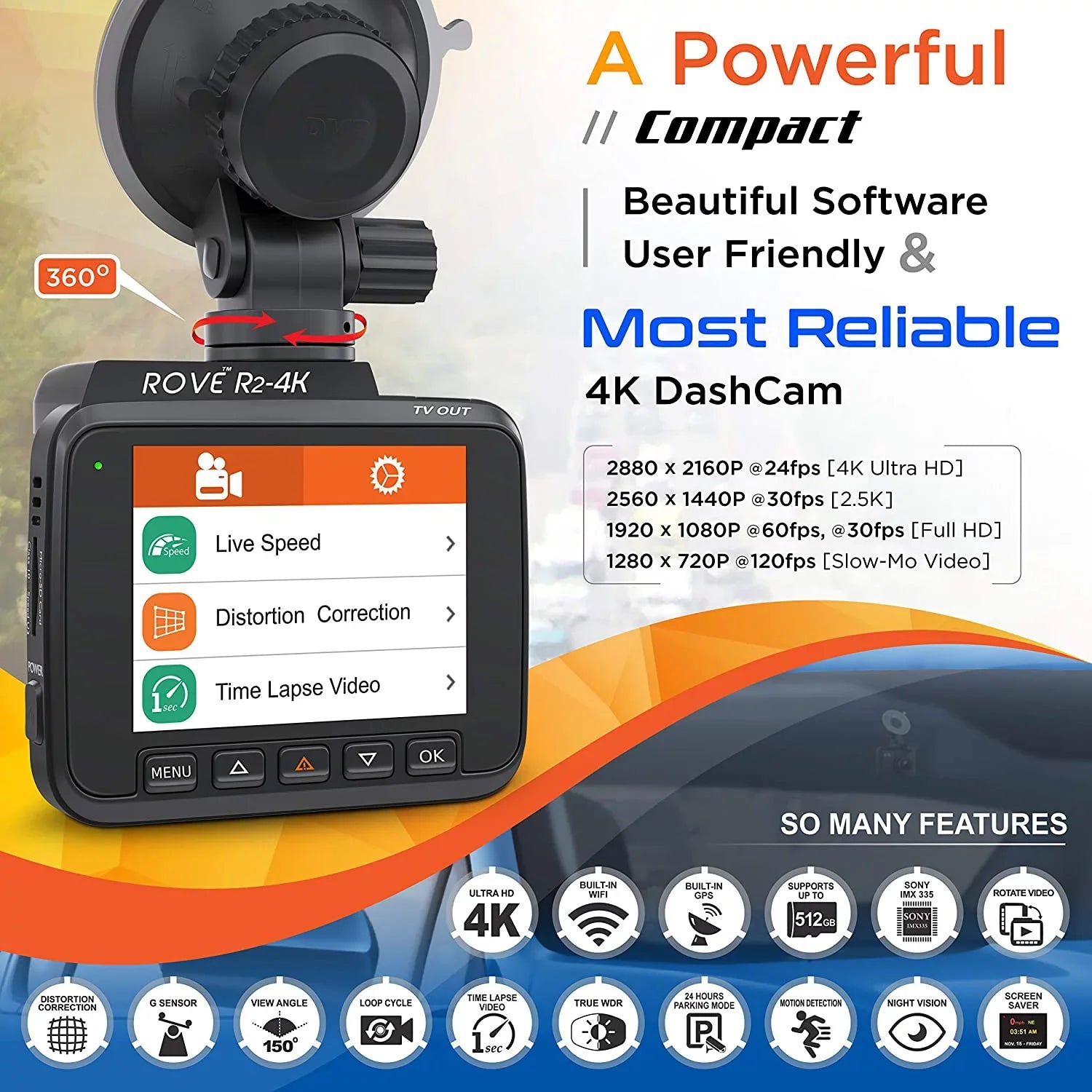 4K Dash Cam Built in WiFi GPSize Car Dashboard Camera Recorder with UHD 2160P, 2.4" LCD, 150° Wide Angle, WDR, Night Vision