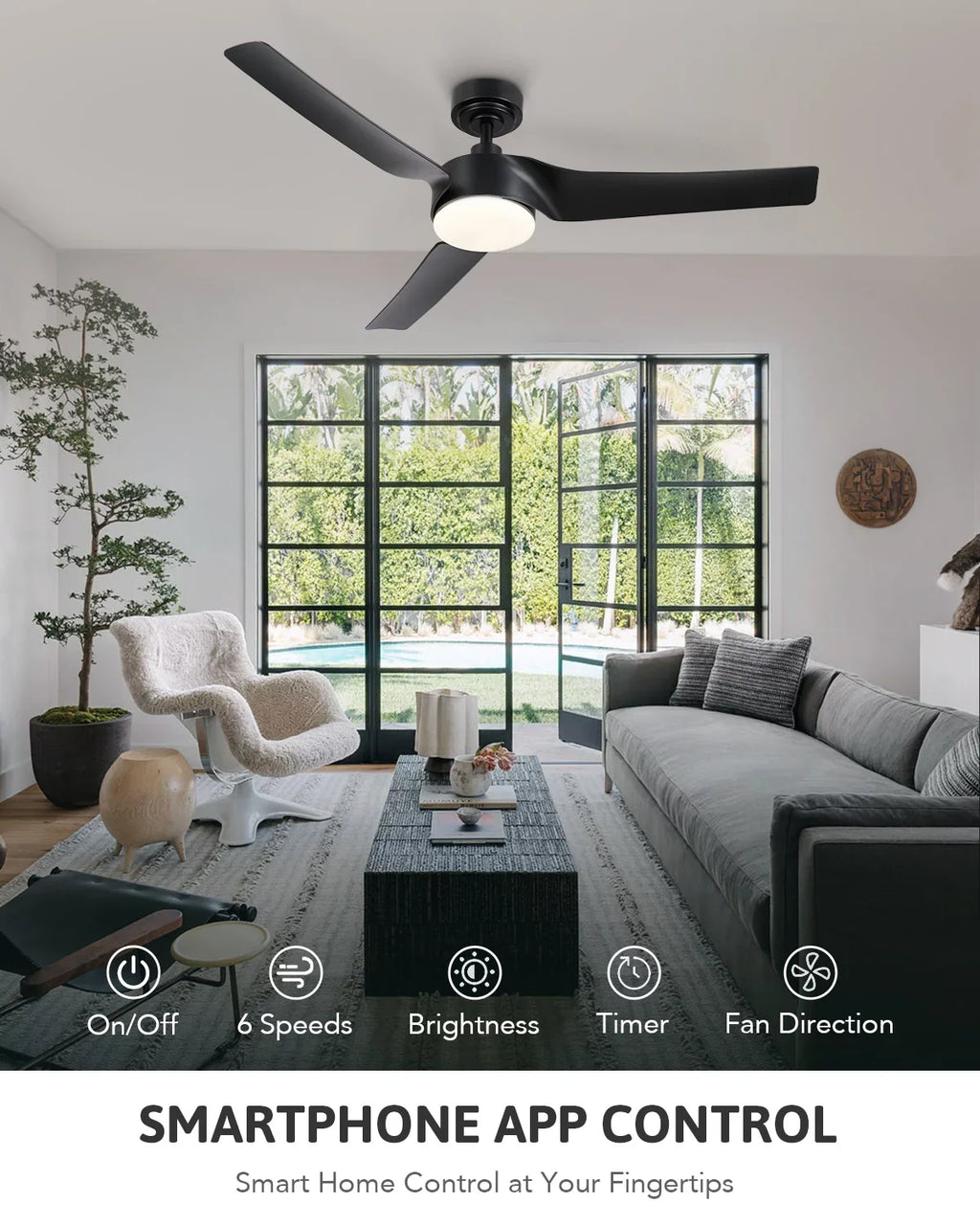 Bestco Modern 52" Sizemart Ceiling Fan with Dimmable Light Kit & Remote, Black