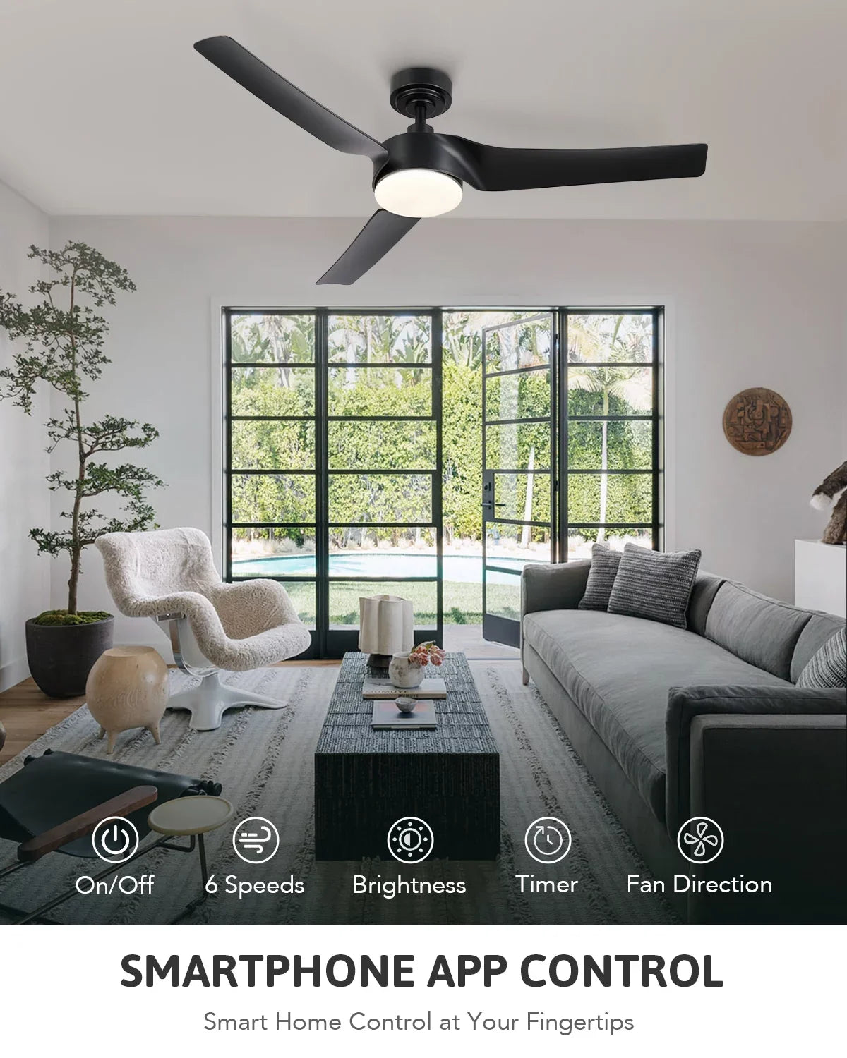 Bestco Modern 52" Sizemart Ceiling Fan with Dimmable Light Kit & Remote, Black