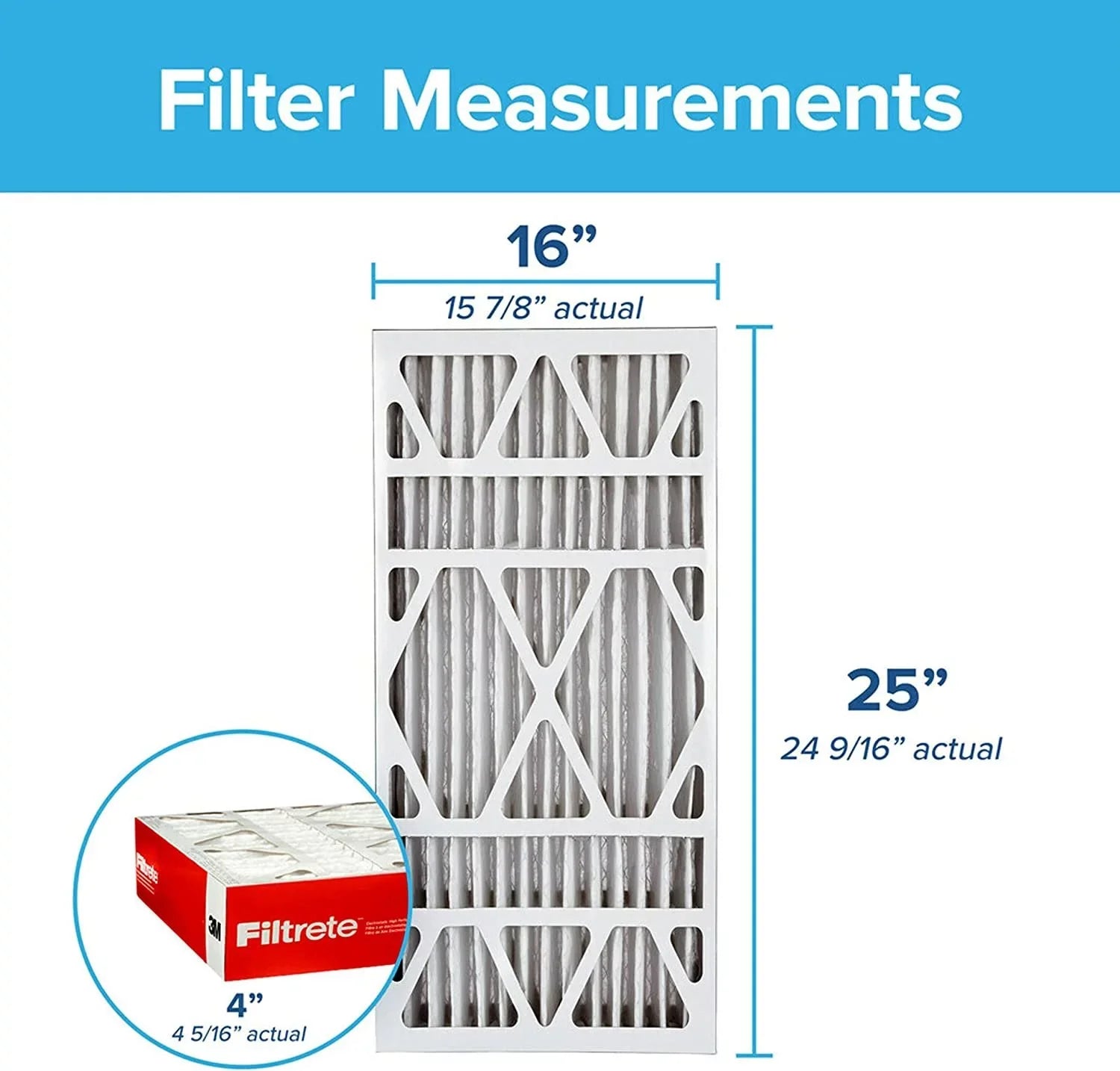 Filtrete 16x25x4, AC Furnace Air Filter, MPR 1000 DP, Micro Allergen Defense Deep Pleat, 2-Pack actual dimensions 15.88 x 24.56 x 4.31