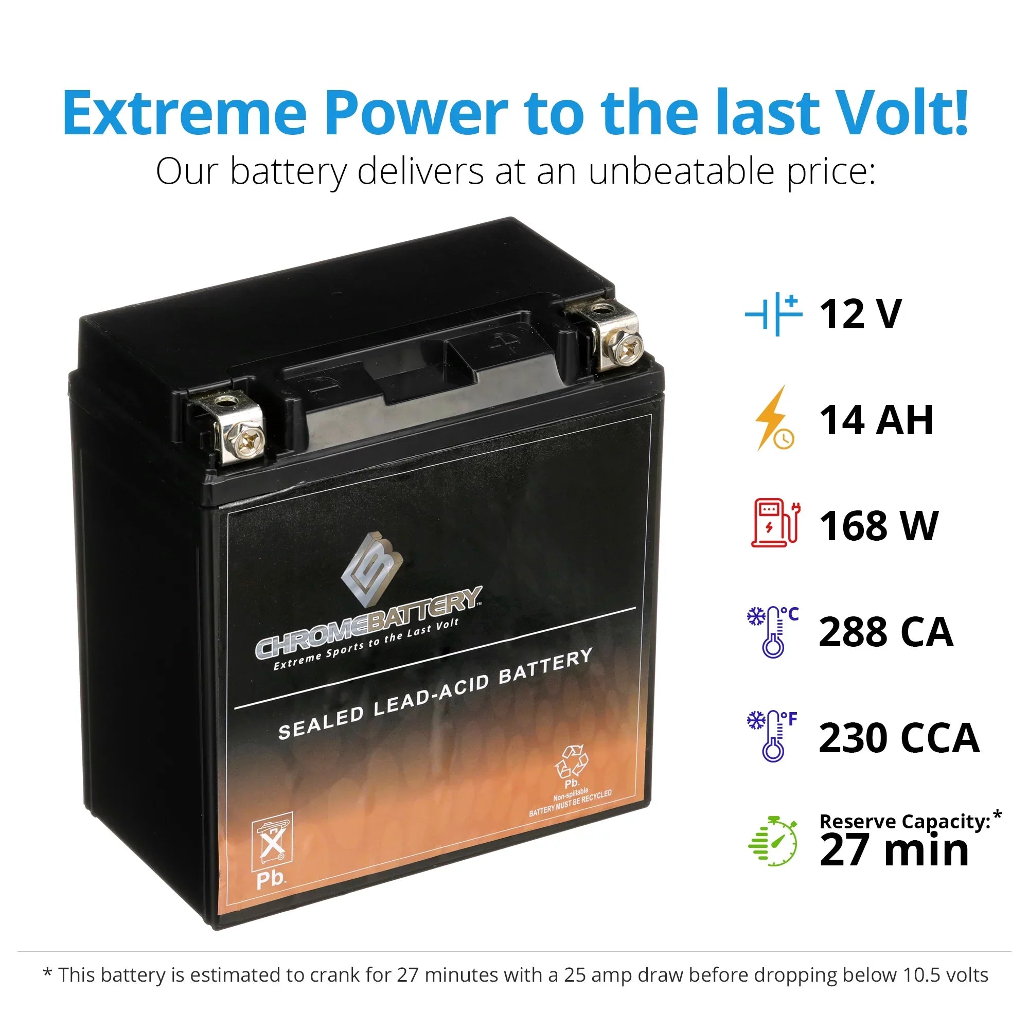 Chrome Battery YTX16-BSize (16-BSize 12 Volt,14 Ah, 230 CCA) Motorcycle Battery for Sizeuzuki 1600cc Marauder Boulevard M95 2005