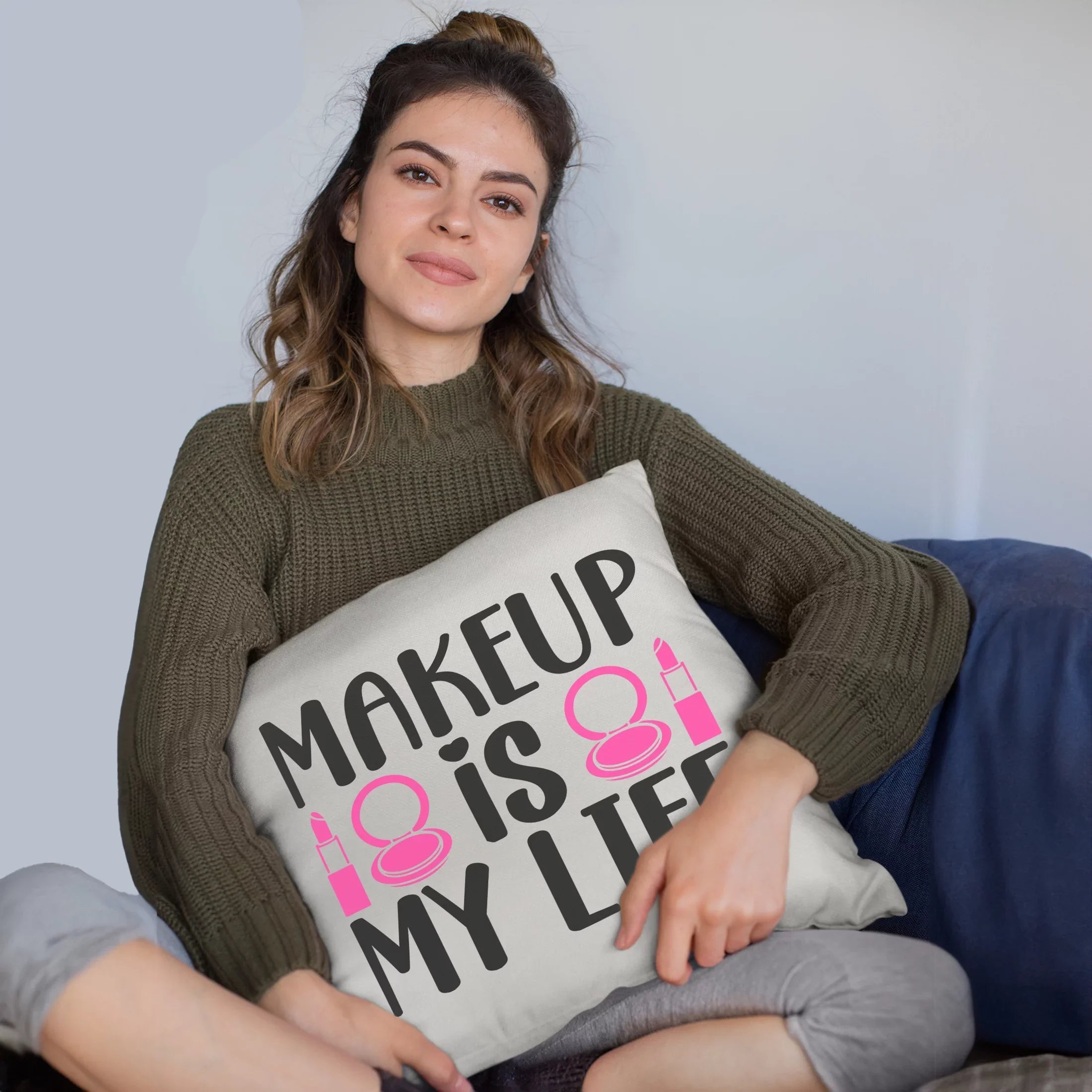 Makeup Is My Life w/ Compact Mirror & Lipstick Design - Beauty Themed Merch for Makeup Artist or Cosmetologist, Gift for Makeup Lovers, Pillow Cover, Ivory 20X20 IN
