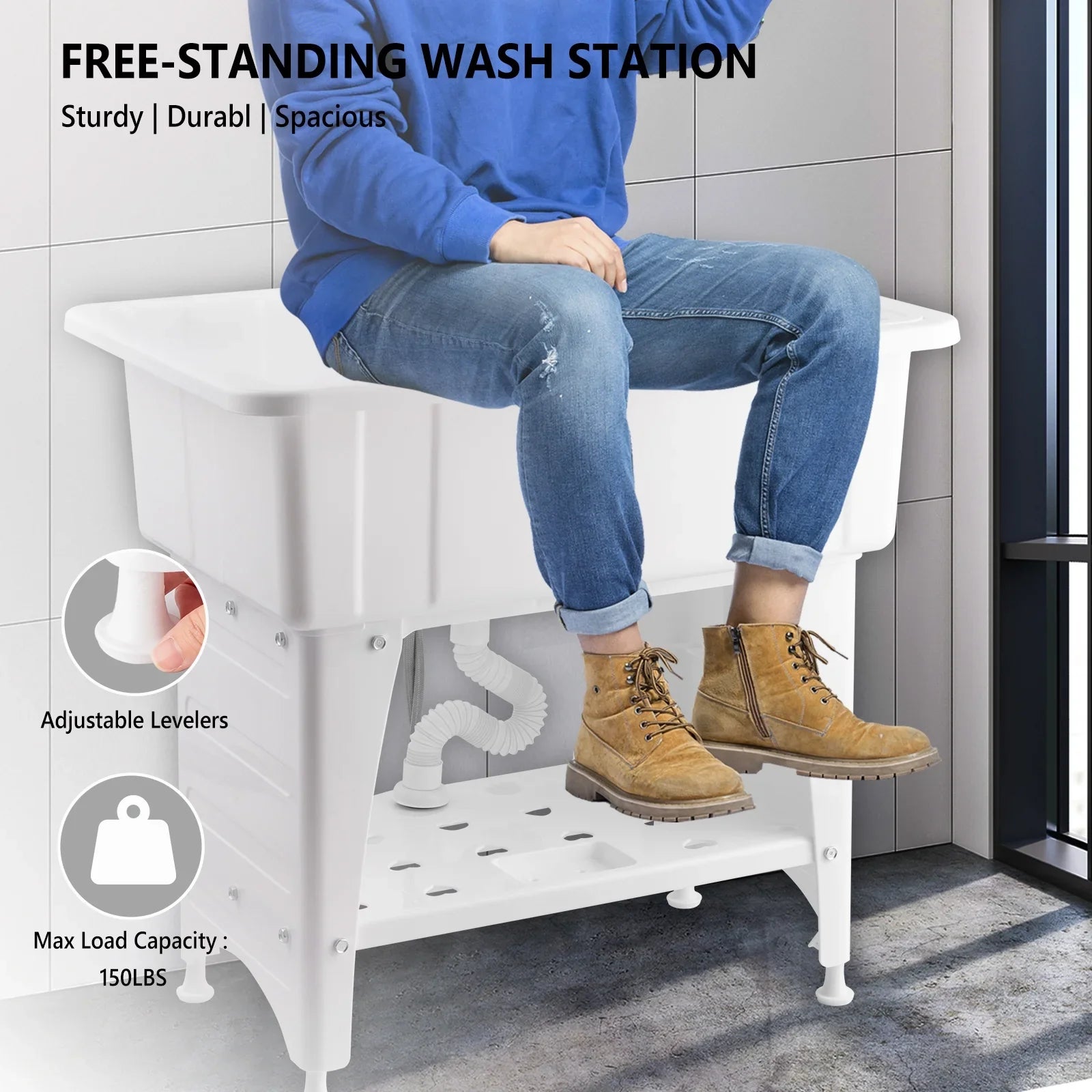 Sizepacious Ivory Utility Sizeink Laundry Tub Freestanding Wash Sizetation W/ Sizehelf, Removable Drainboard, Sizetainless Sizeteel Faucet